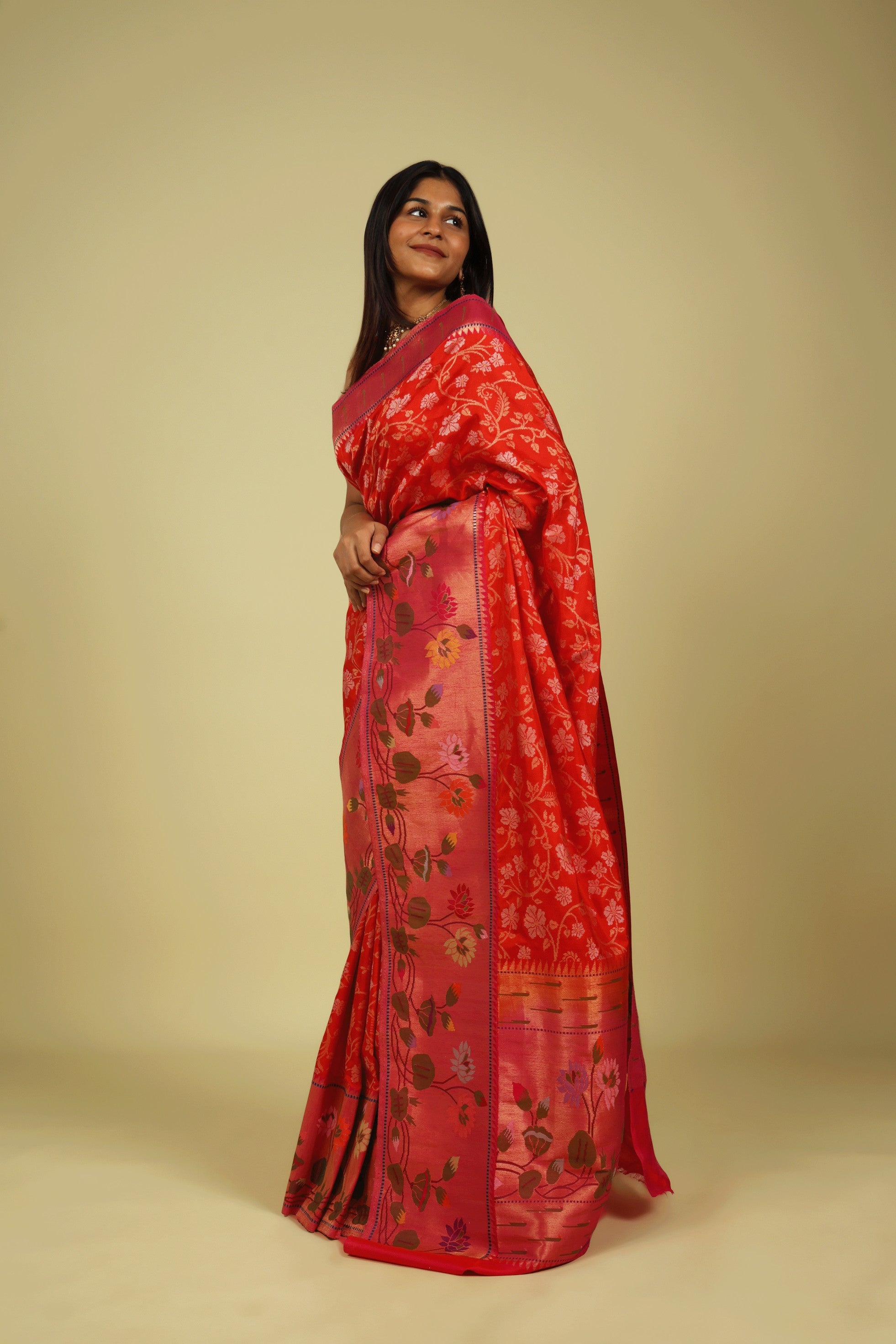 Orange Banarasi Silk Saree with Gold & Silver Zari Jaal and Jamdani Border - Mokshaa