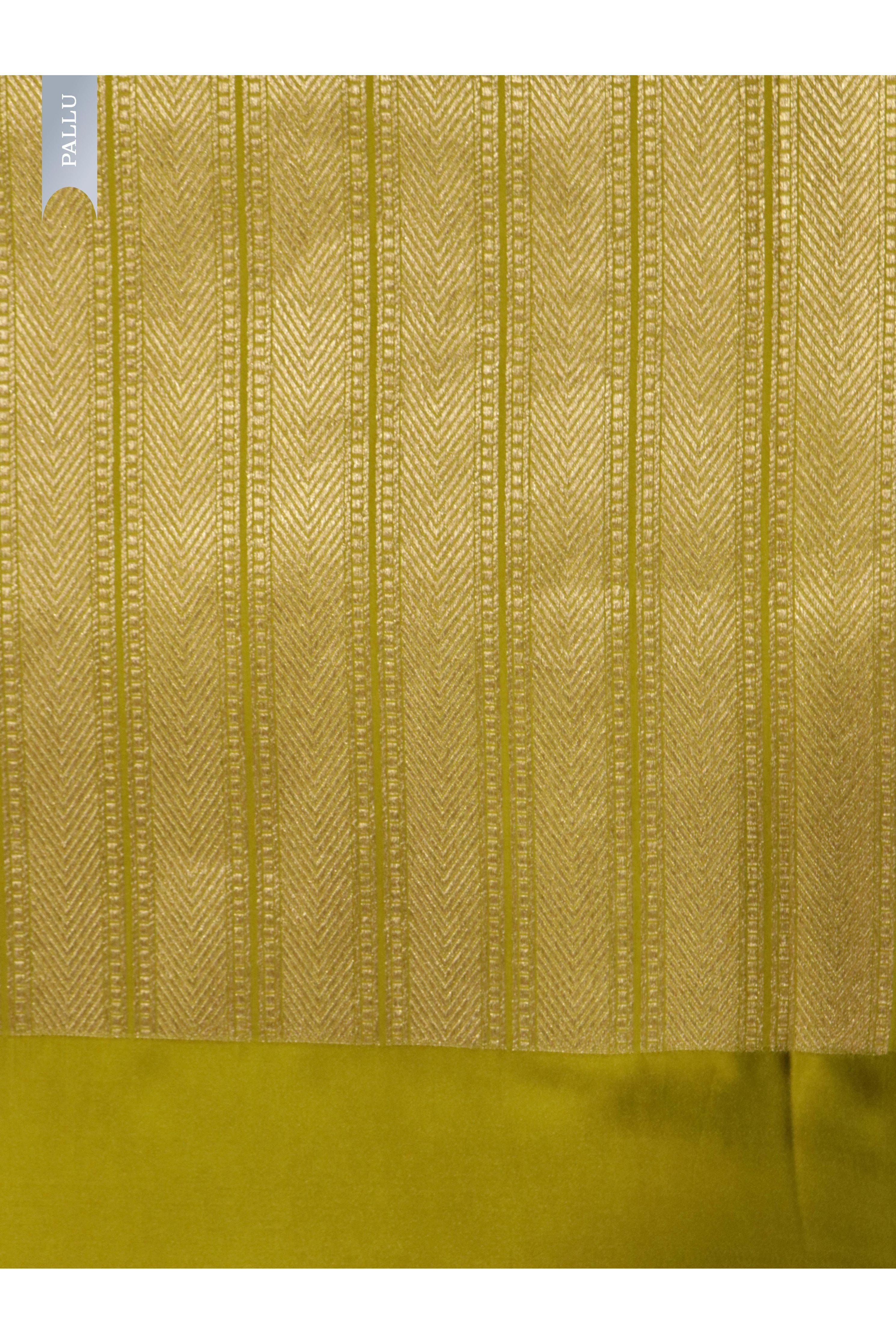 Parrot Green Banarasi Mushroom Silk Saree with Silver Zari Weaving & Gold Zari Butta - Mokshaa