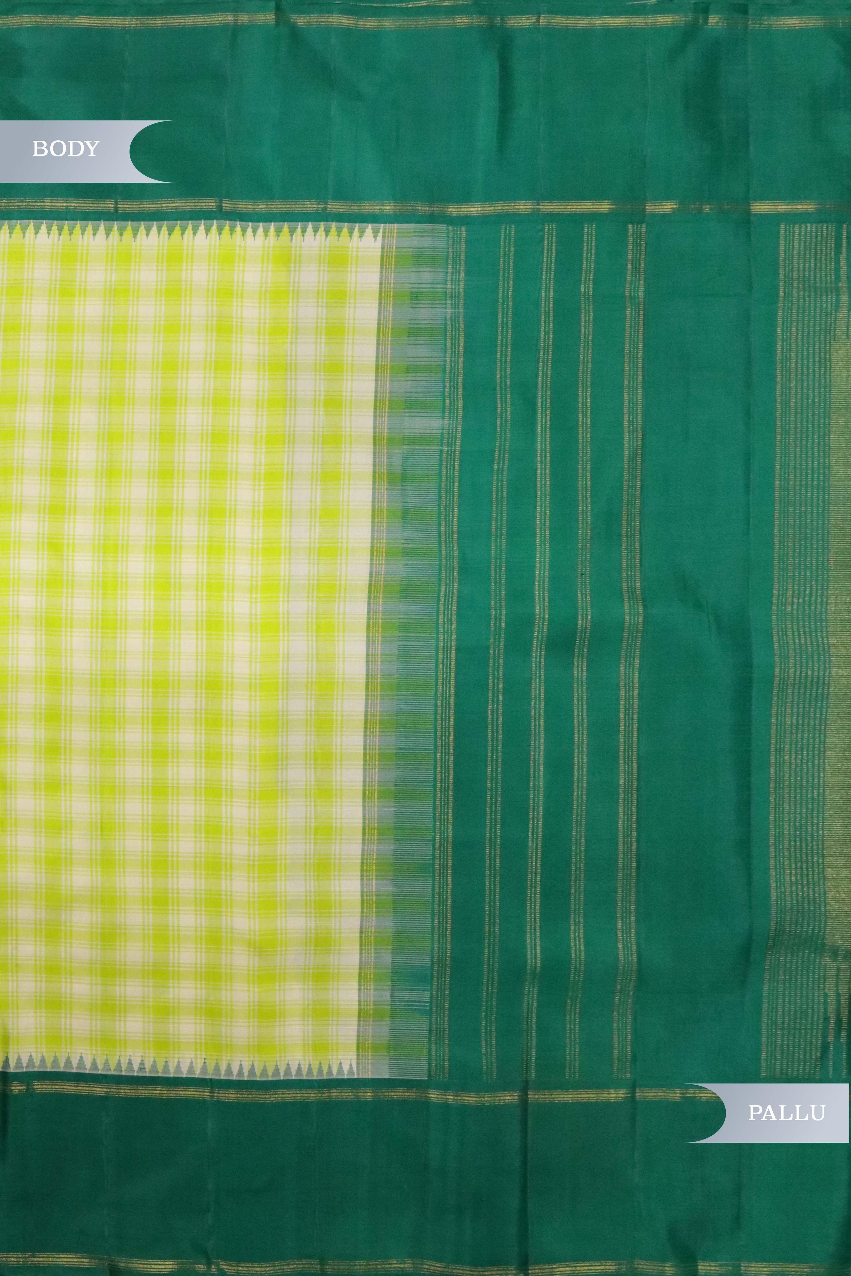 Green Kanchipuram Silk Saree with All-Over Checks & Contrast Silk Border - Mokshaa