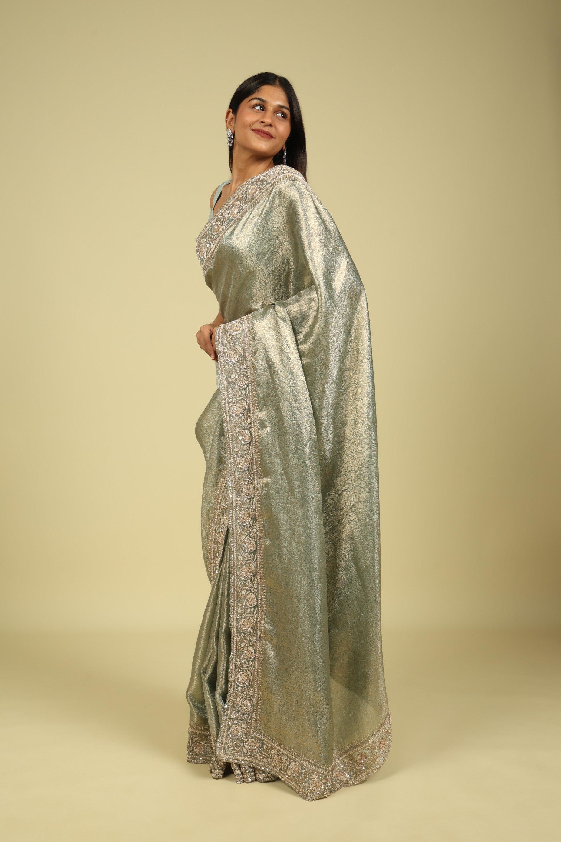 Sea Blue Banaras Tissue Saree with Pearl, Bead & Sequin Embroidered Border - Mokshaa