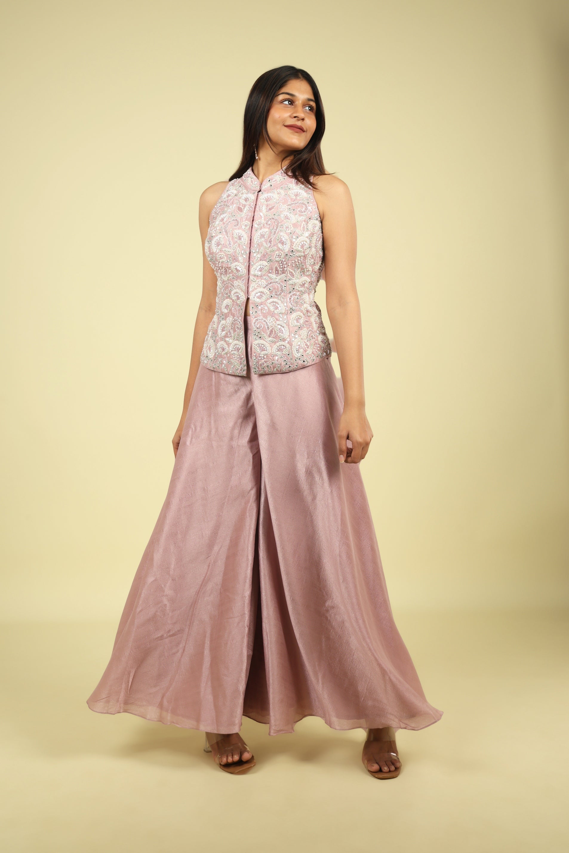 Pink Embroidered Silk Top With Palazzo - Mokshaa