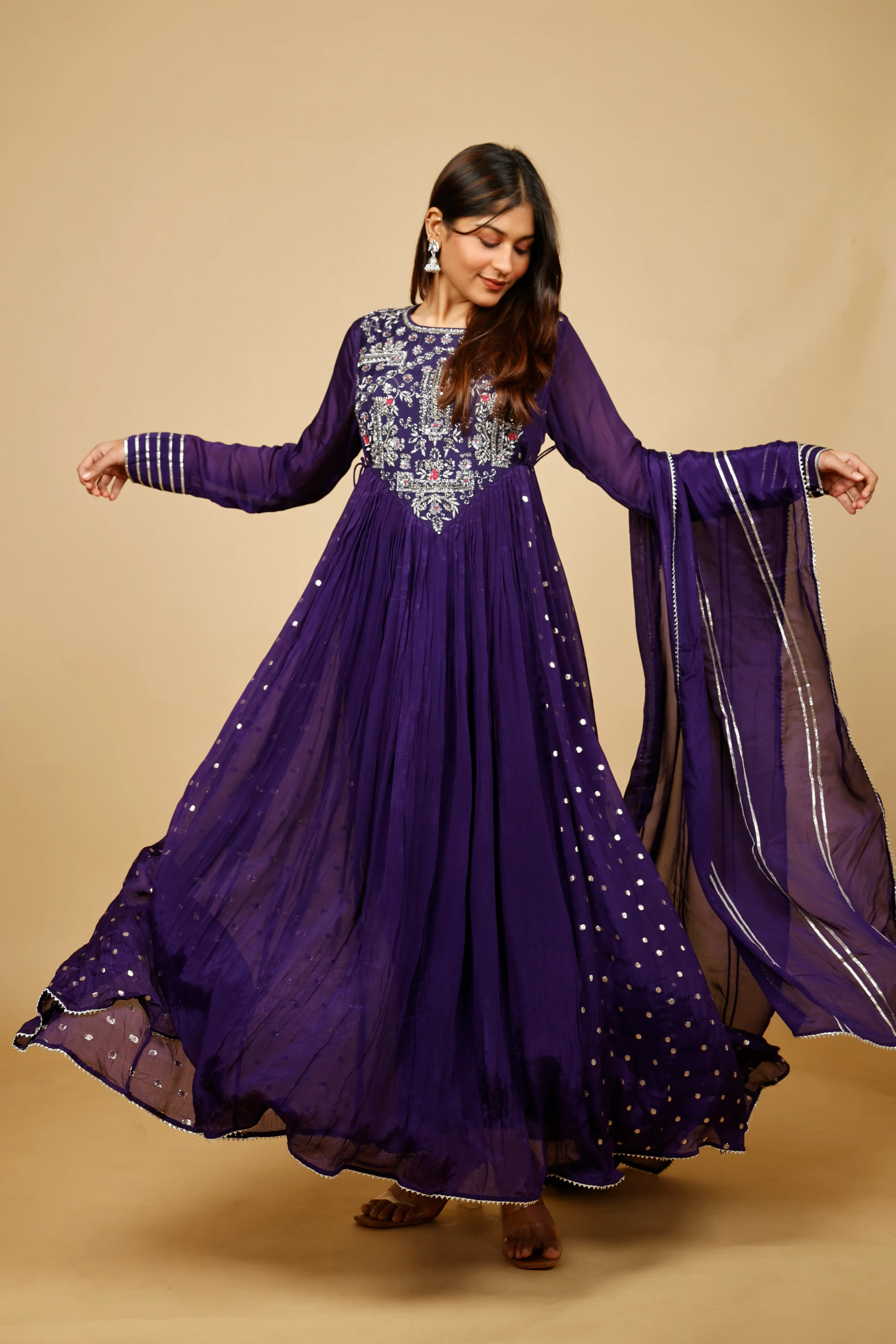 Royal Purple Silk Anarkali Set with Gota & Kutdana Embroidery - Mokshaa