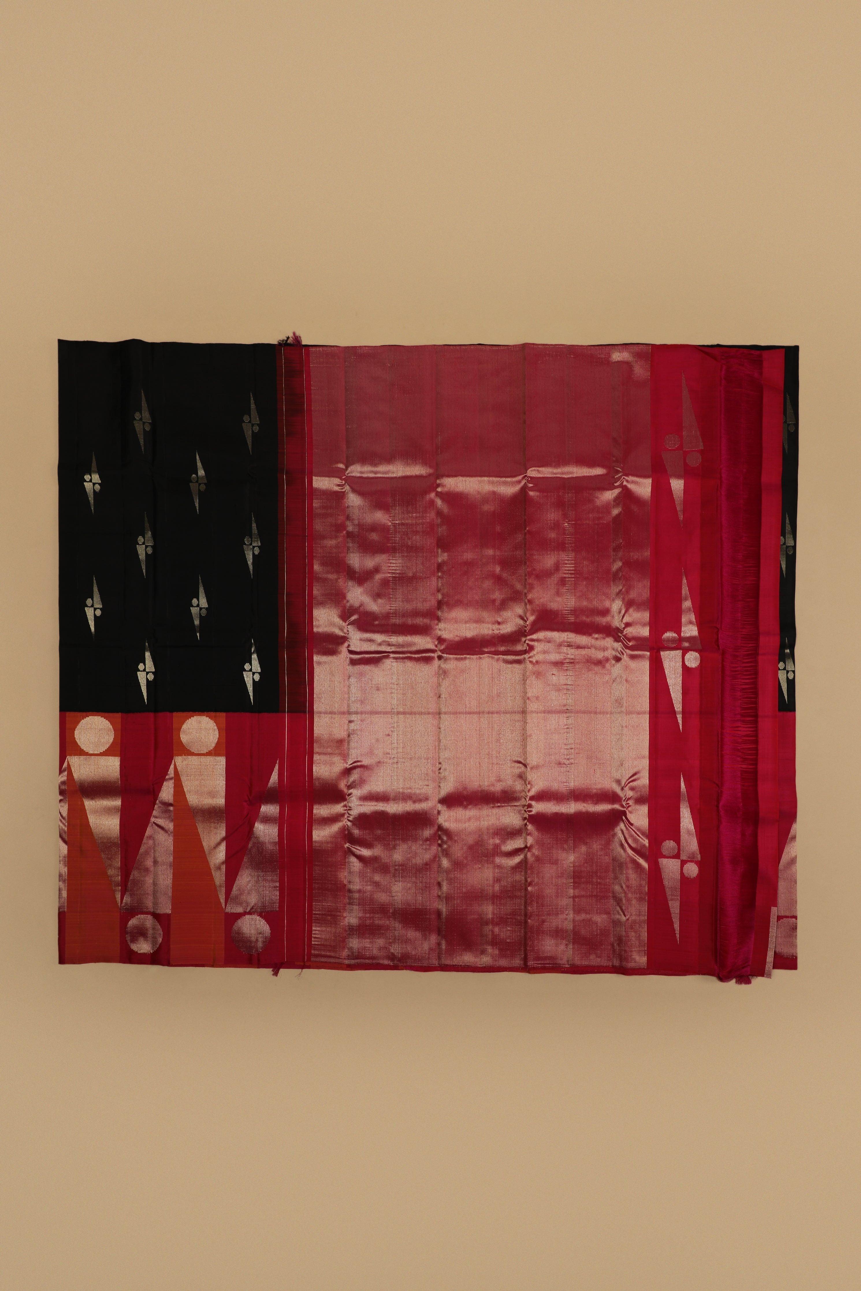 Black Kanchipuram Silk Saree with Coral-Orange Geometric Long Border - Mokshaa