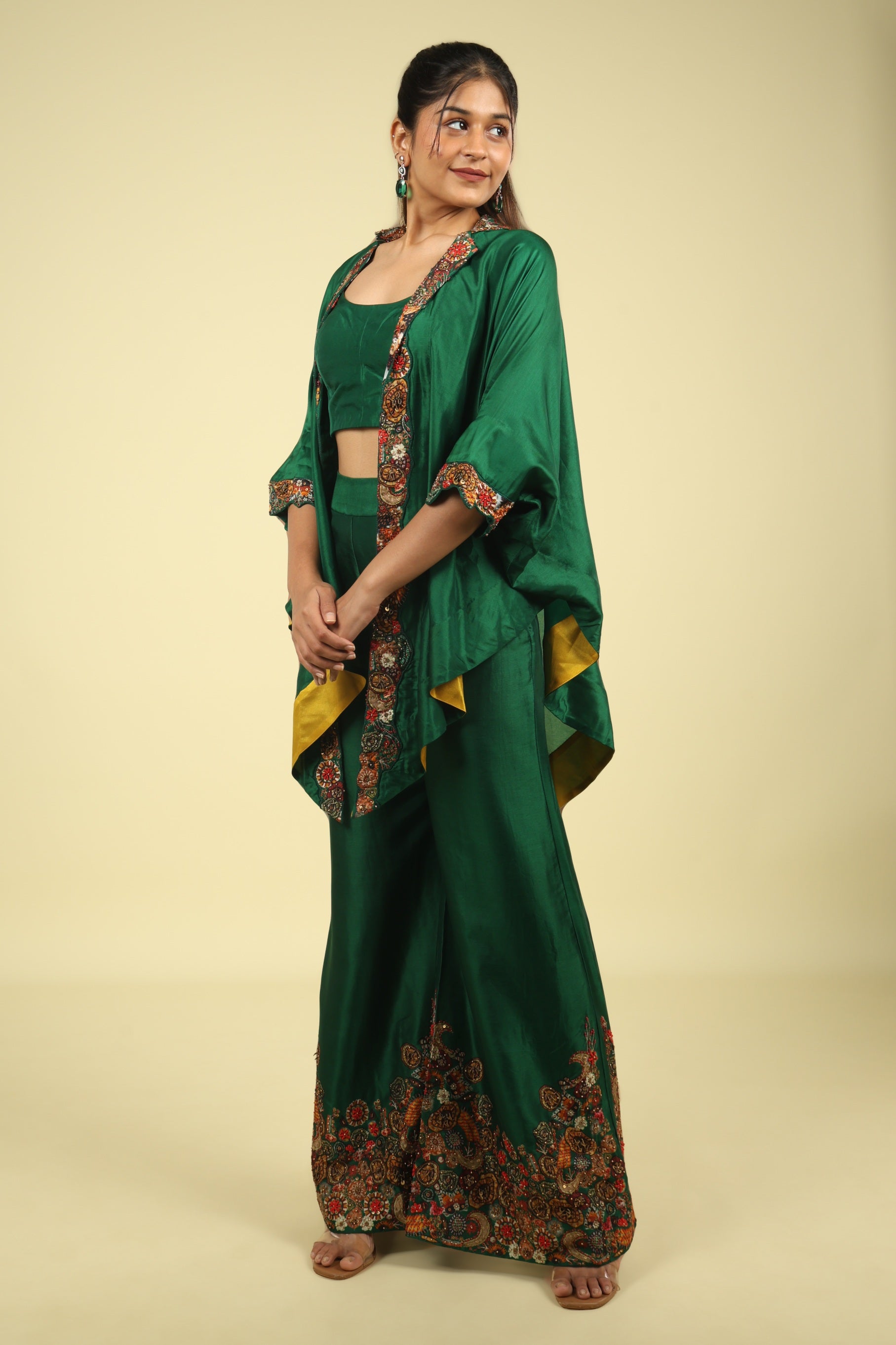 Green Silk Co-Ord Set with Placement Print & Metallic Embroidery - Mokshaa