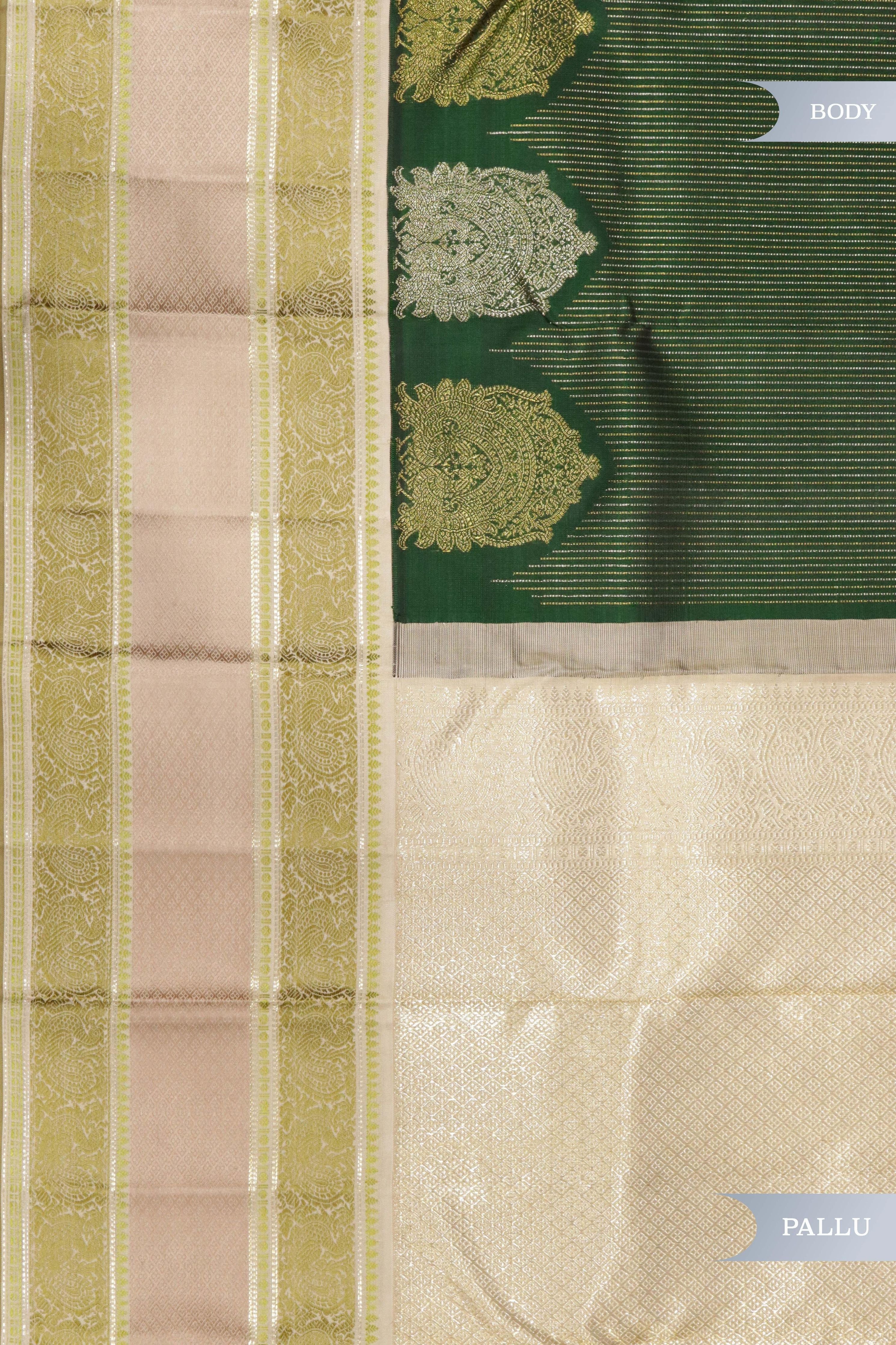 Bottle Green Kanchipuram Silk Saree with Self Stripes, Zari Weaving & Contrast Thread Border - Mokshaa
