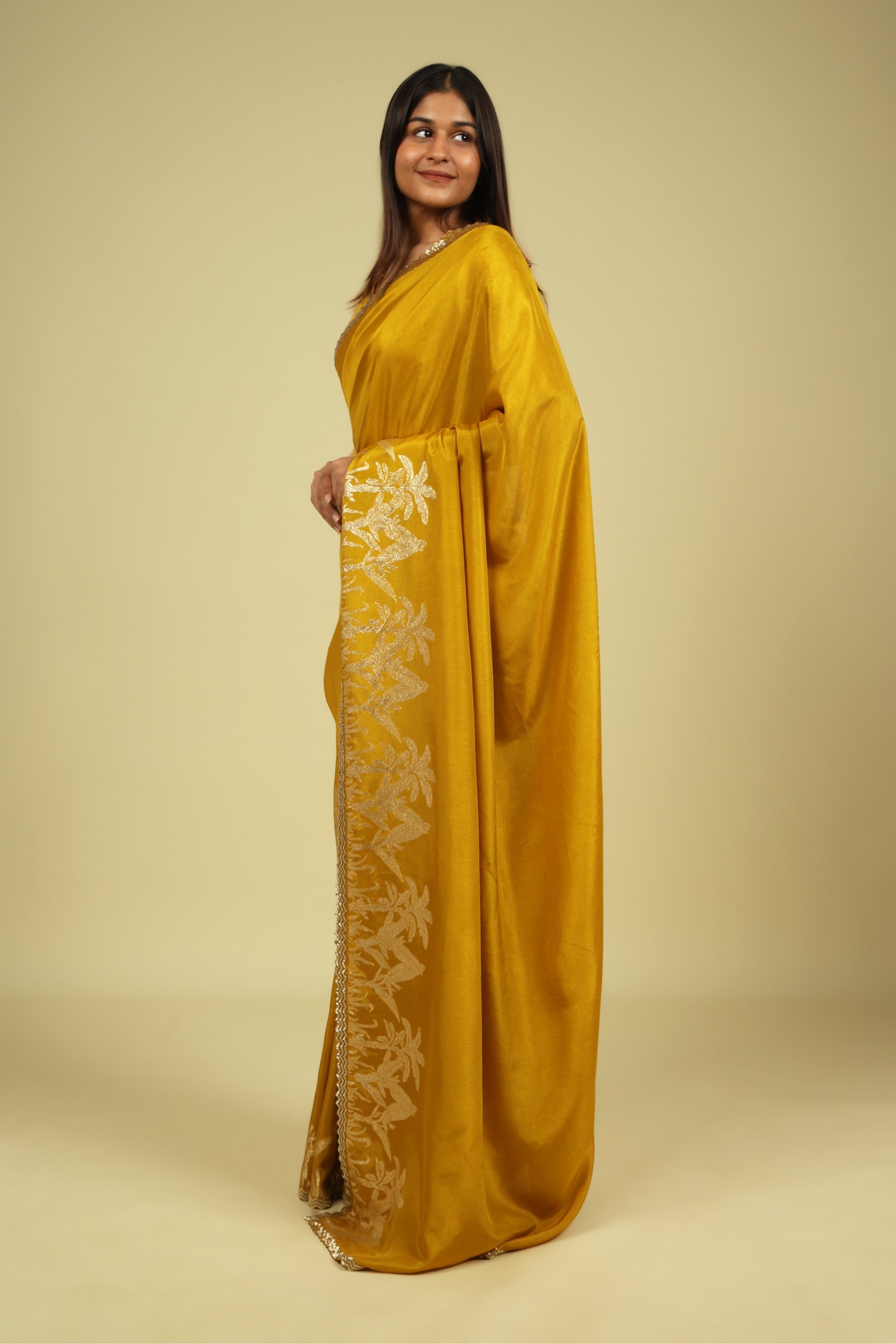 Mustard Tussar Georgette Saree - Mokshaa