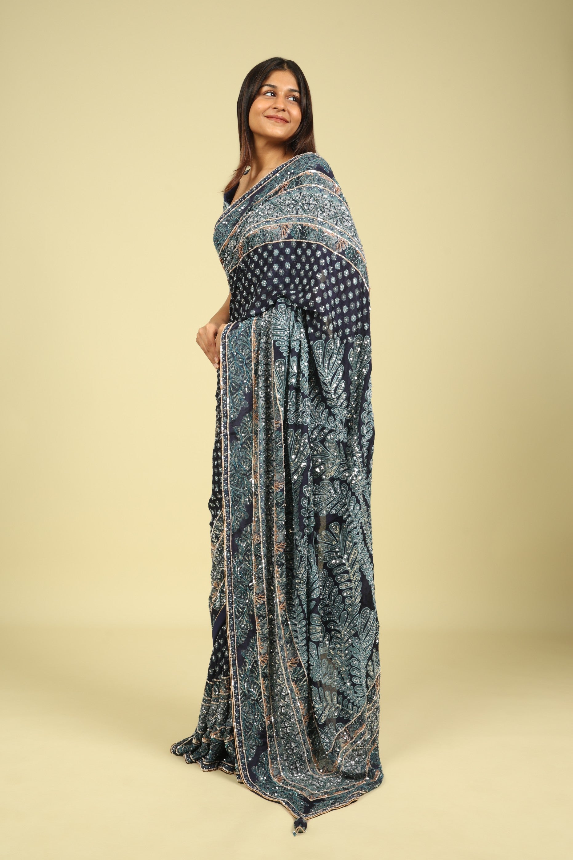 Dark Blue Soft Georgette Saree with All-Over Fancy Sequin Highlights - Mokshaa