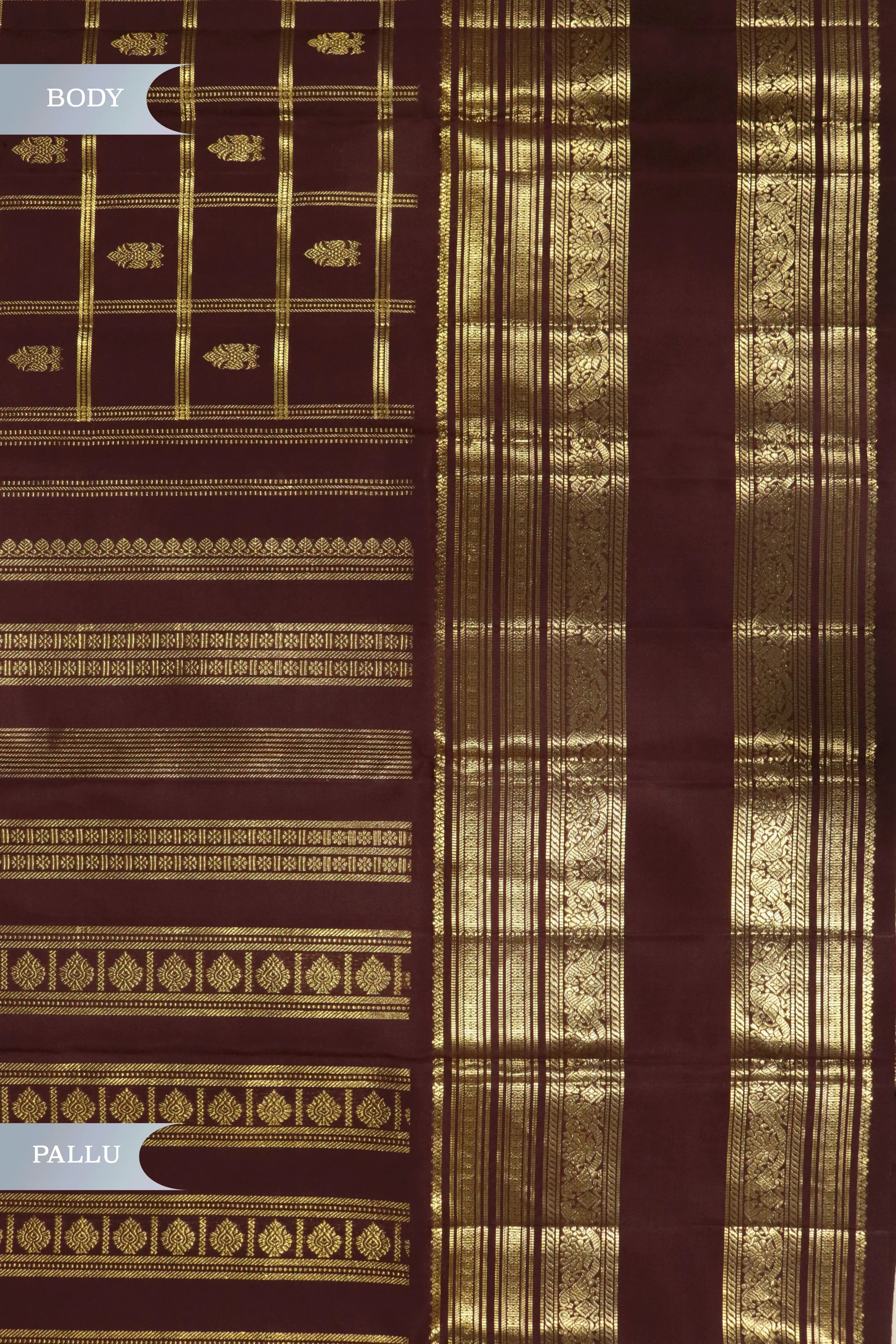 Dark Brown Kanchipuram Silk Saree with Zari Checks, Motifs & Long Zari Border - Mokshaa