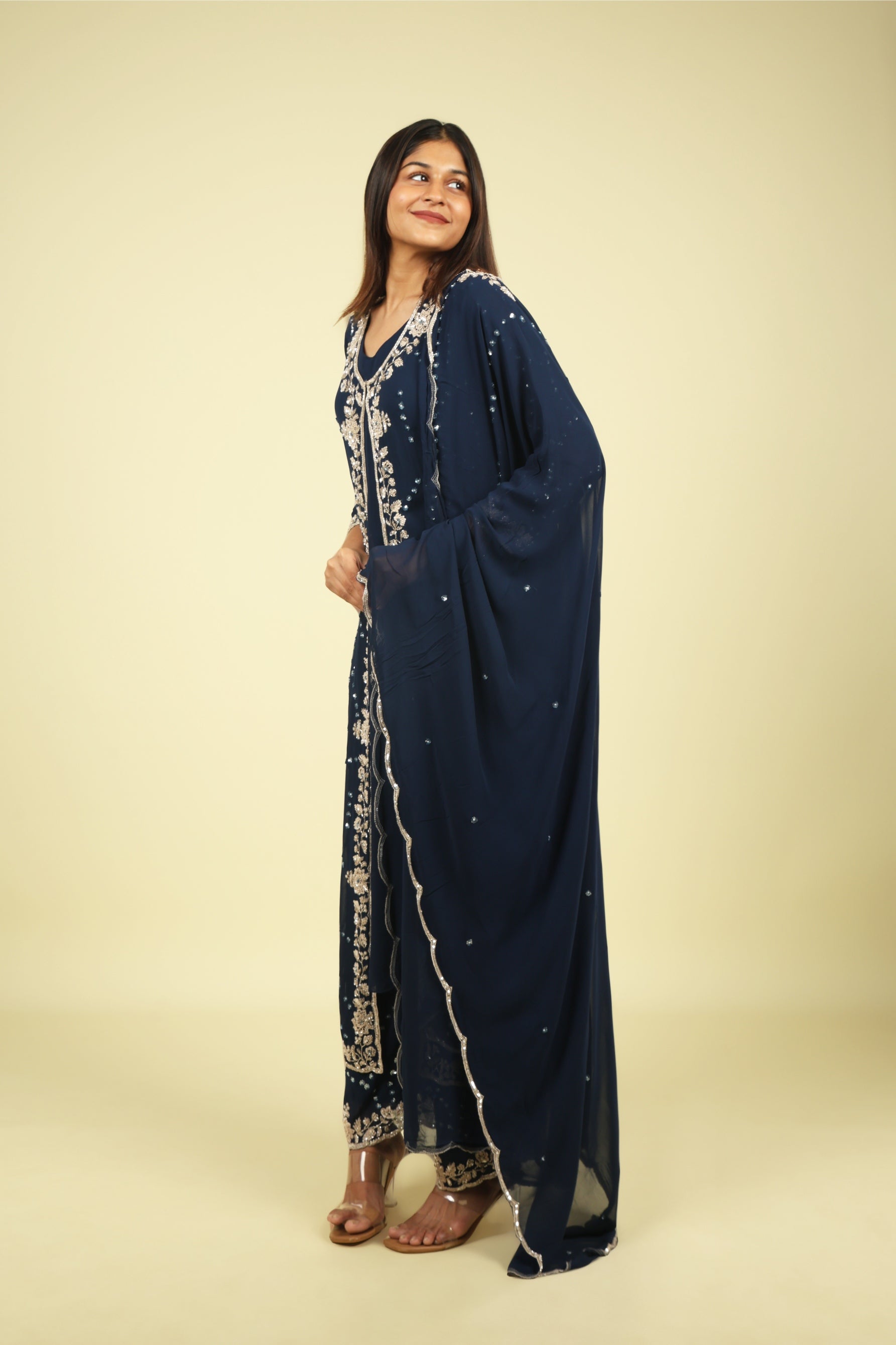 Navy Blue Georgette Anarkali Set with Cape & Dupatta - Mokshaa