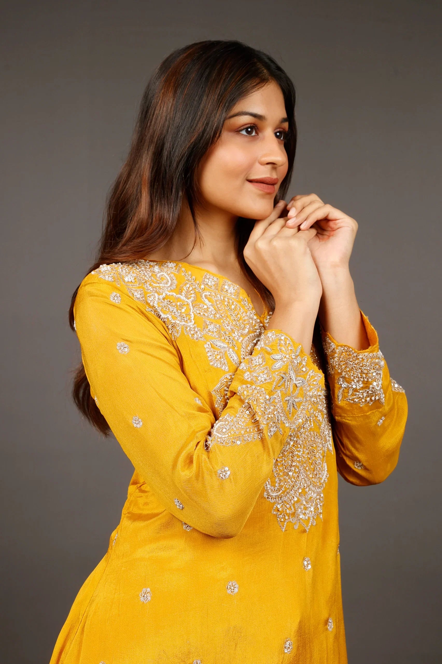 Yellow Chinon Silk Indo-Western Kurta with Cream Dhoti Pants - Mokshaa
