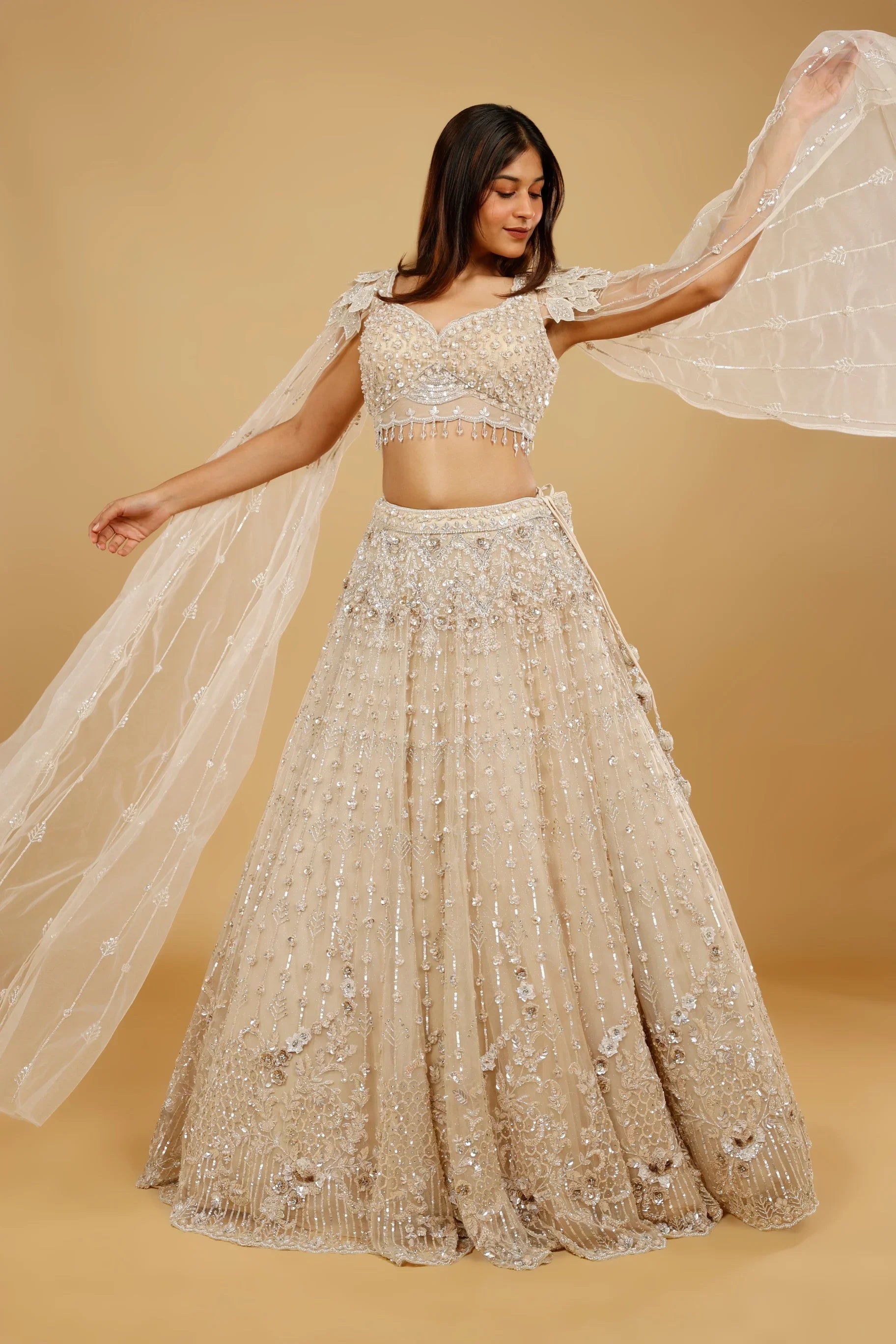 Beige Gold Net Lehenga Set with Sequin, Cutdana & Stone Embroidery - Mokshaa
