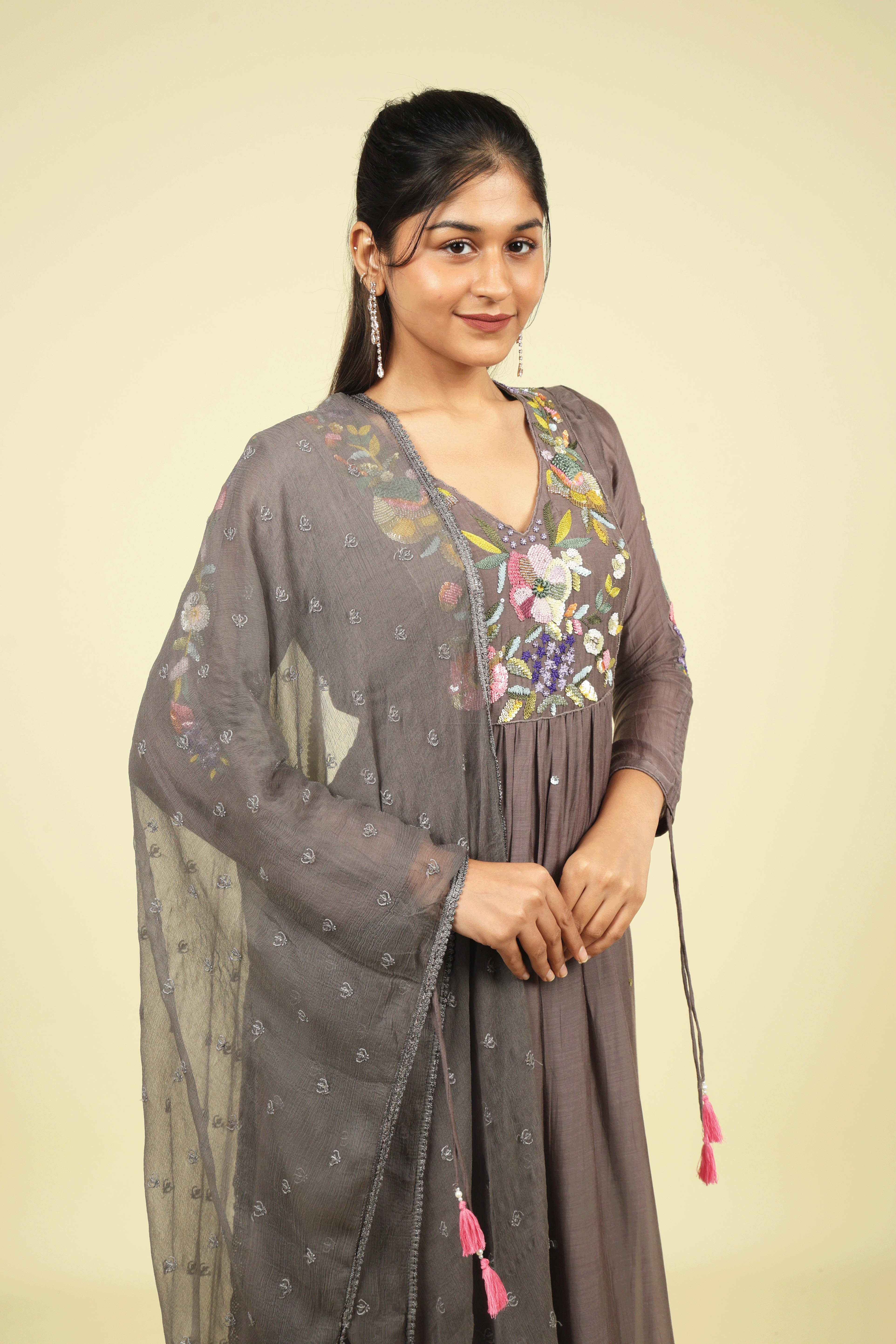 Grey Embroidered Mul Chanderi Salwar Set - Mokshaa