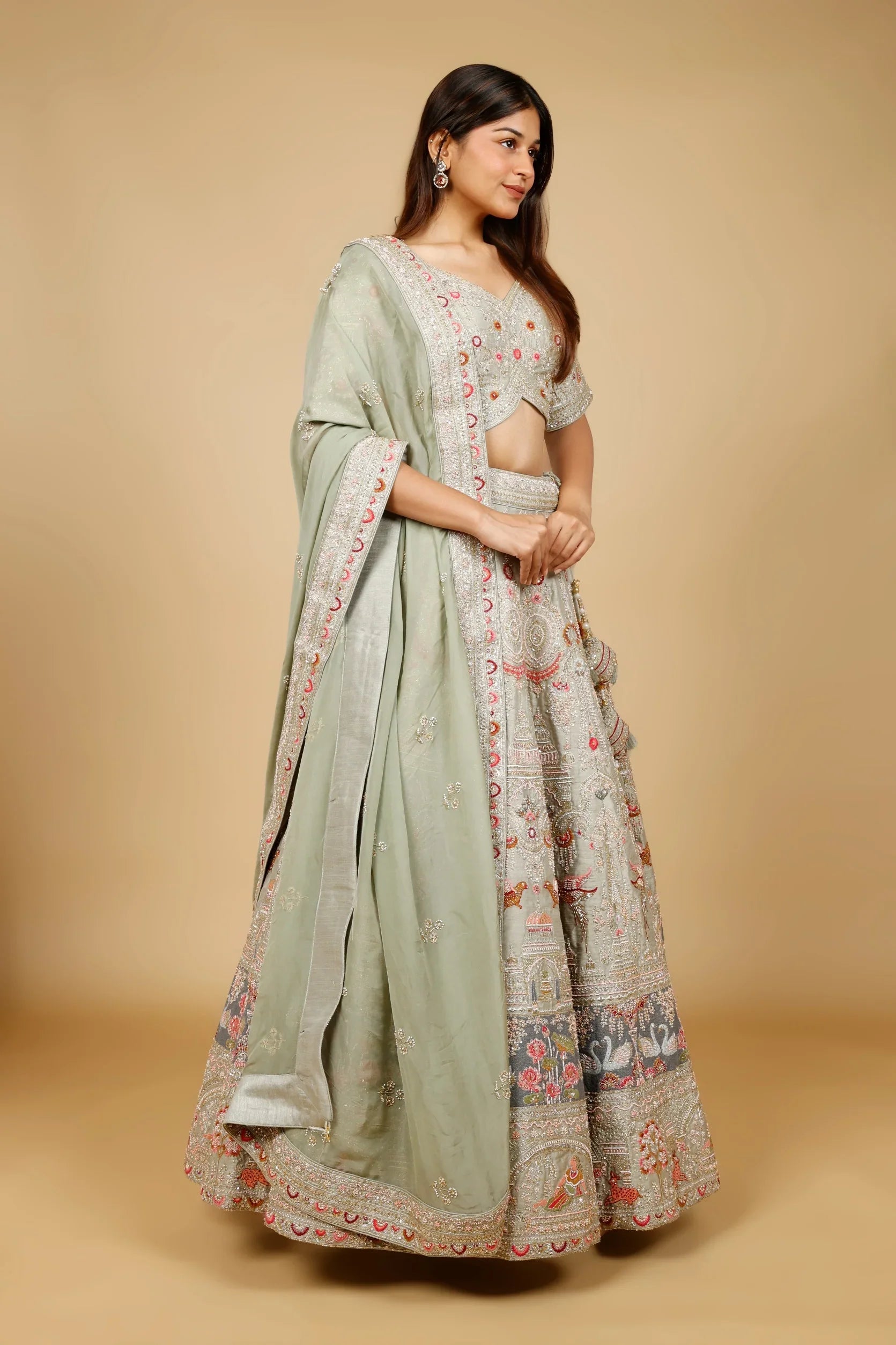 Sage Green Raw Silk Bridal Lehenga Set with Zardozi, Cutdana & Pearl Embroidery - Mokshaa