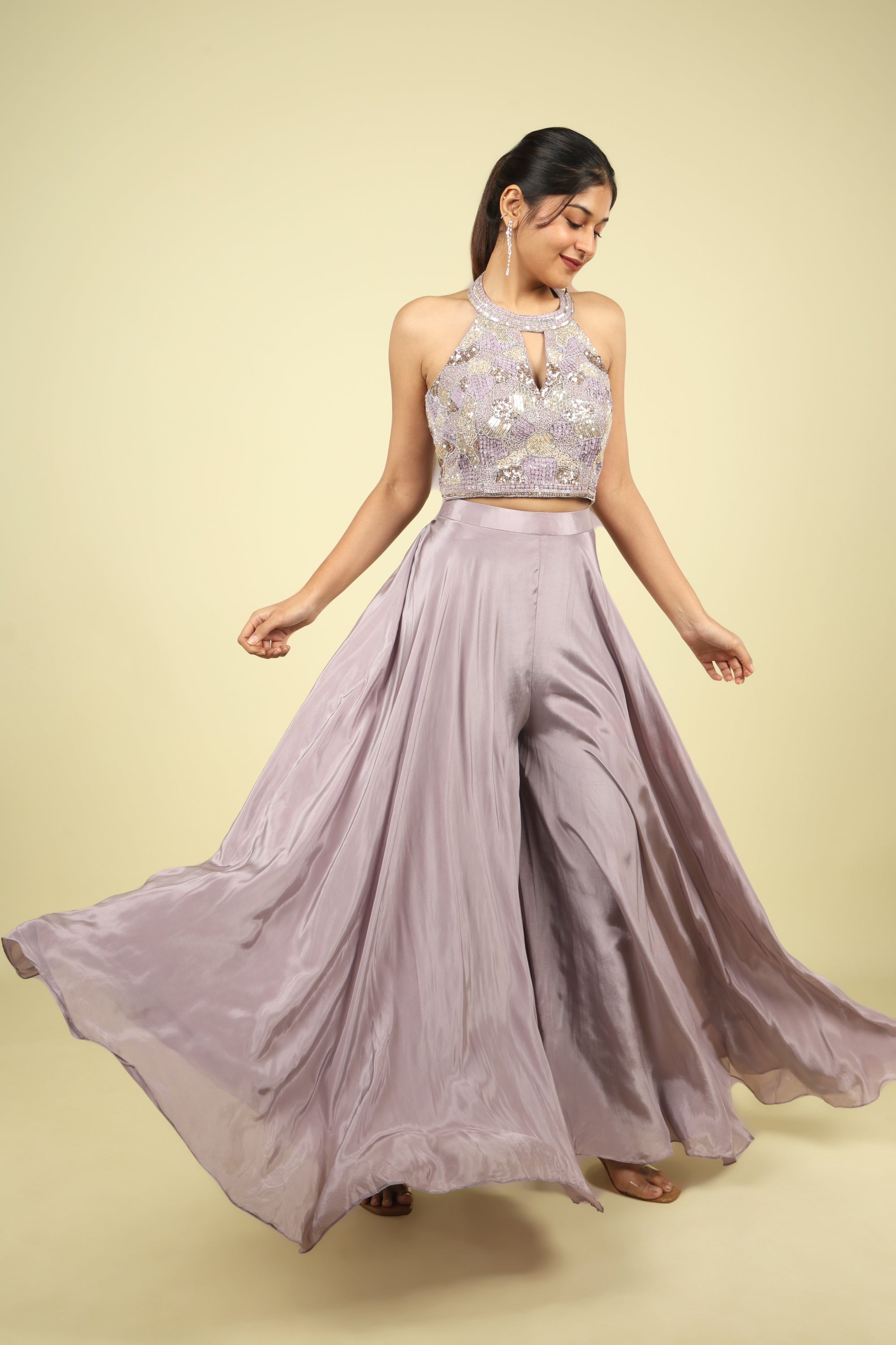 Lavender Embroidered Crepe Halter Palazzo Set - Mokshaa