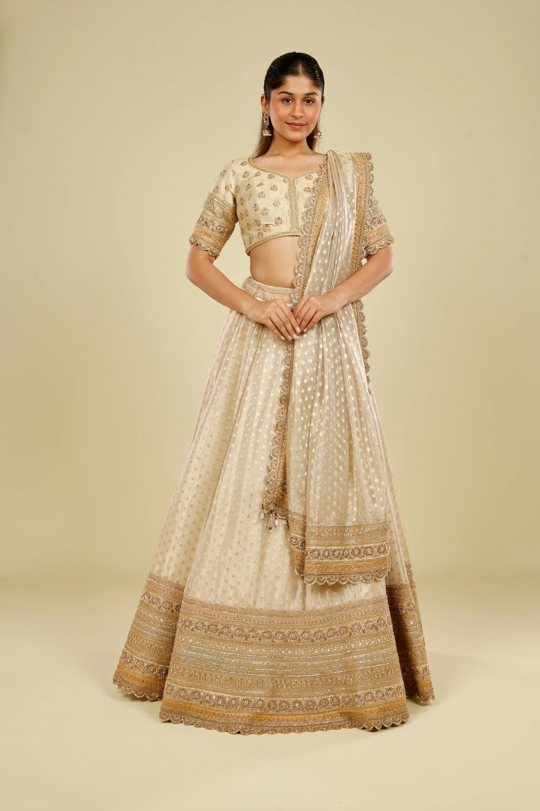 Ivory Banarasi Tissue Organza Lehenga Set with Zardozi, Zari & Sequin Embroidery - Mokshaa