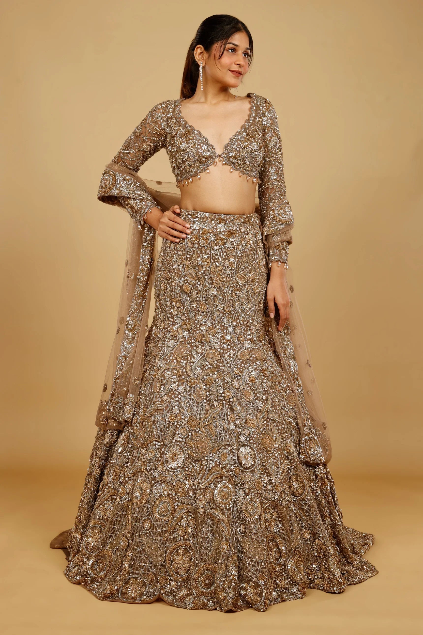 Dark Gold Net Mermaid Lehenga Set with Sequin, Stone & Kutdana Embroidery - Mokshaa