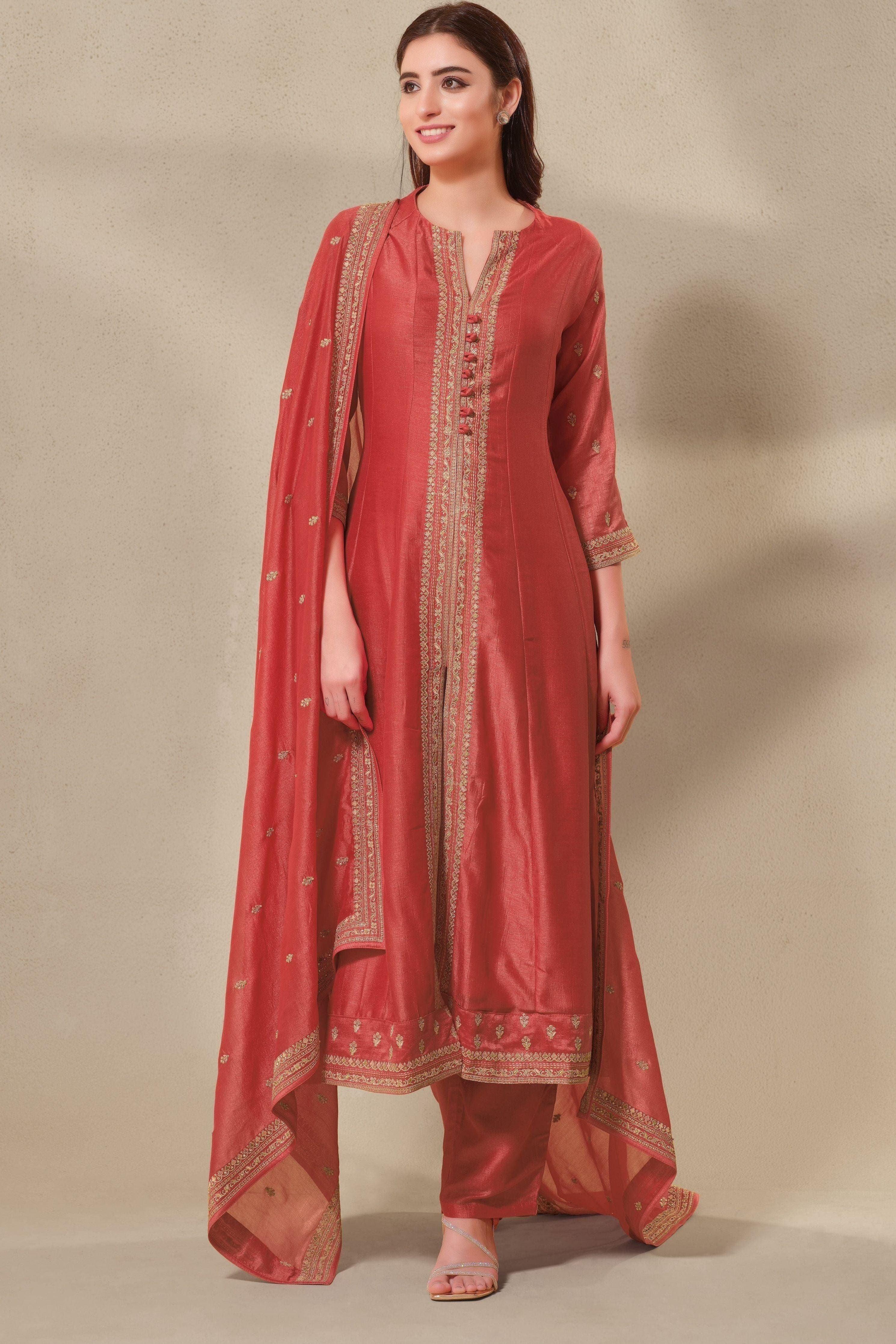 Exquisite Coral Silk Anarkali Suit Set With Satin-Silk Dupatta - Mokshaa