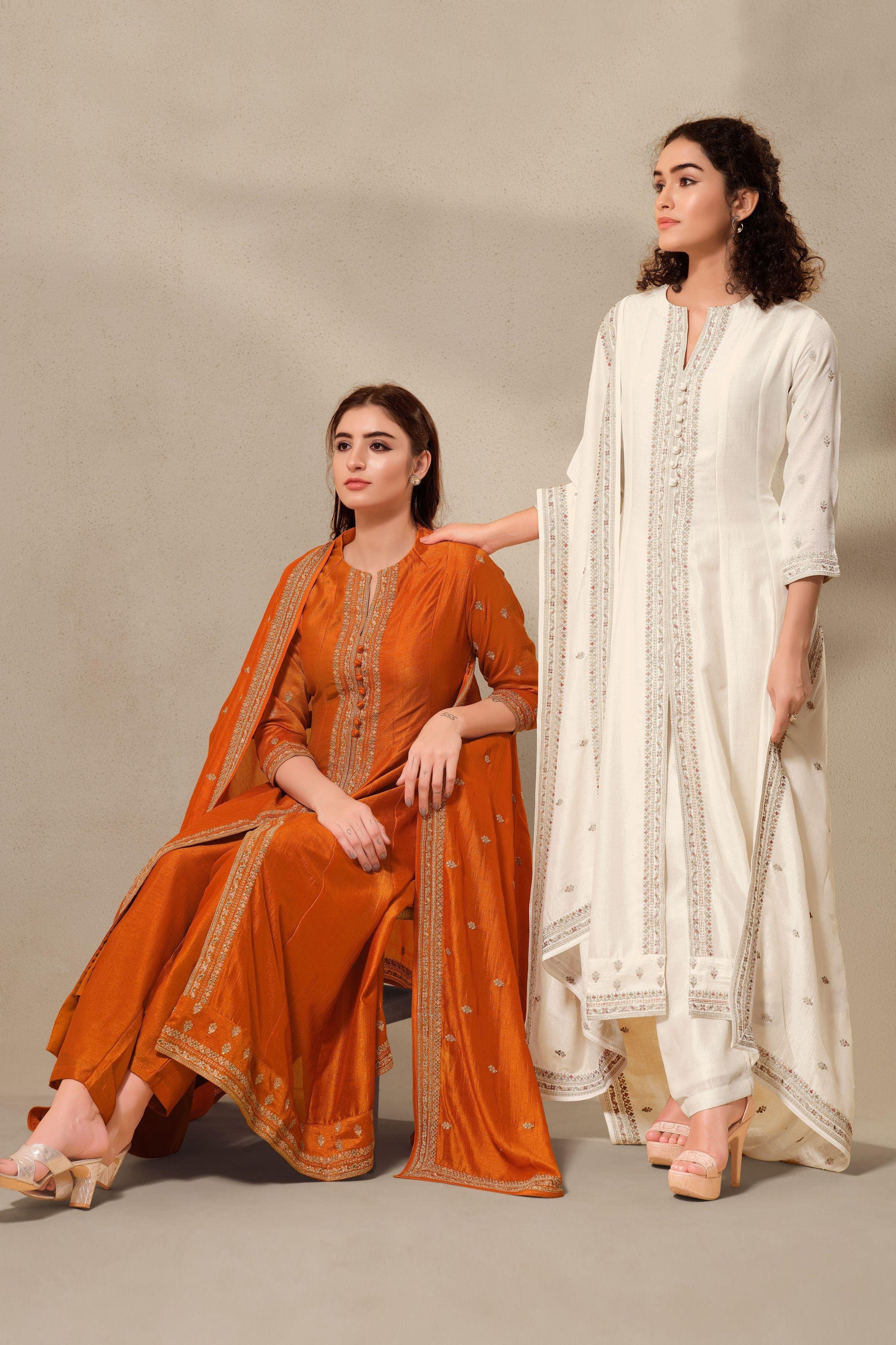 Elegant Ivory Silk Anarkali Suit Set With Satin-Silk Dupatta - Mokshaa