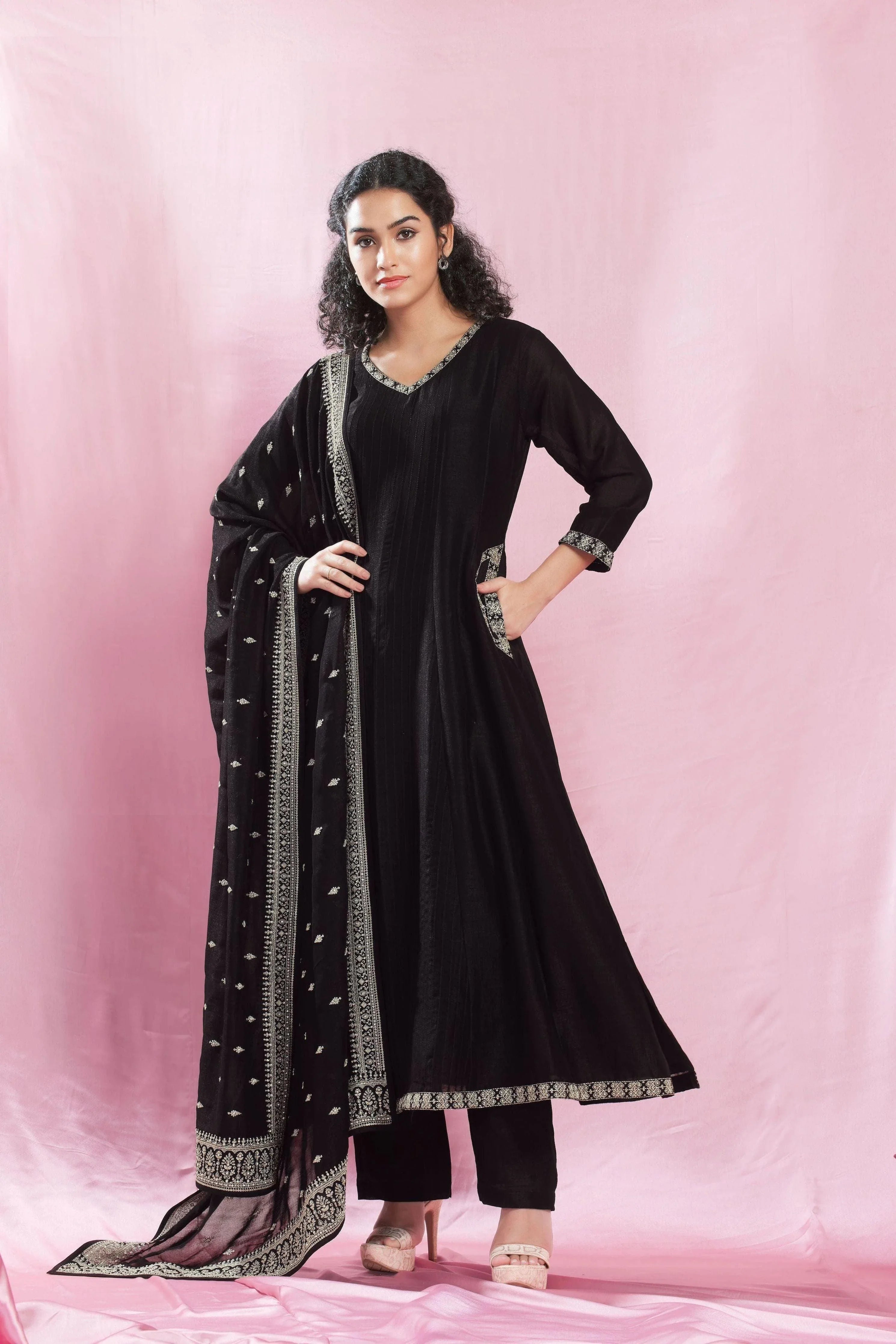 Timeless Black Silk Anarkali Suit Set With Satin-Silk Dupatta - Mokshaa