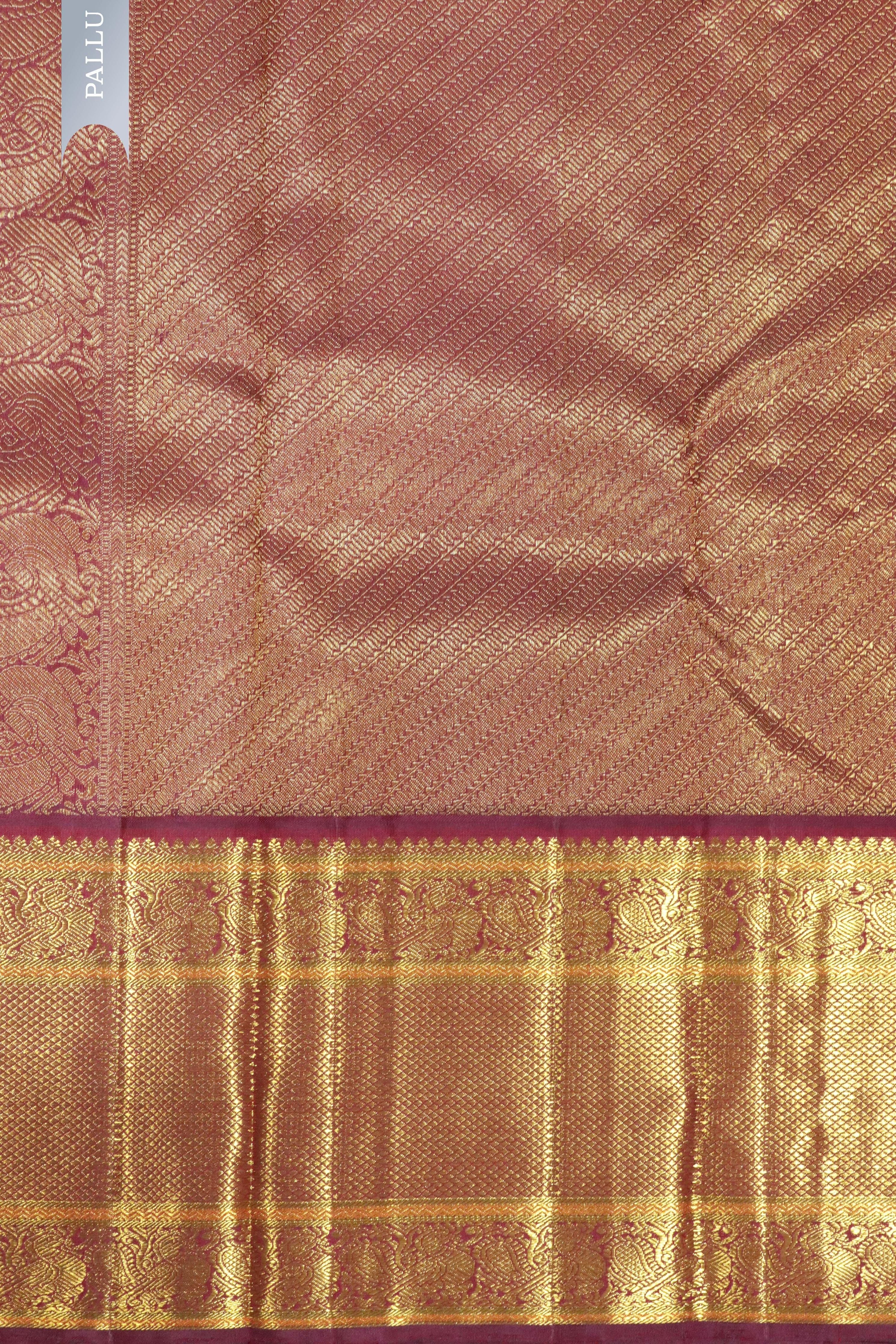 Beige Kanchipuram Silk Saree with Zari & Thread Motifs and Contrast Zari Border - Mokshaa