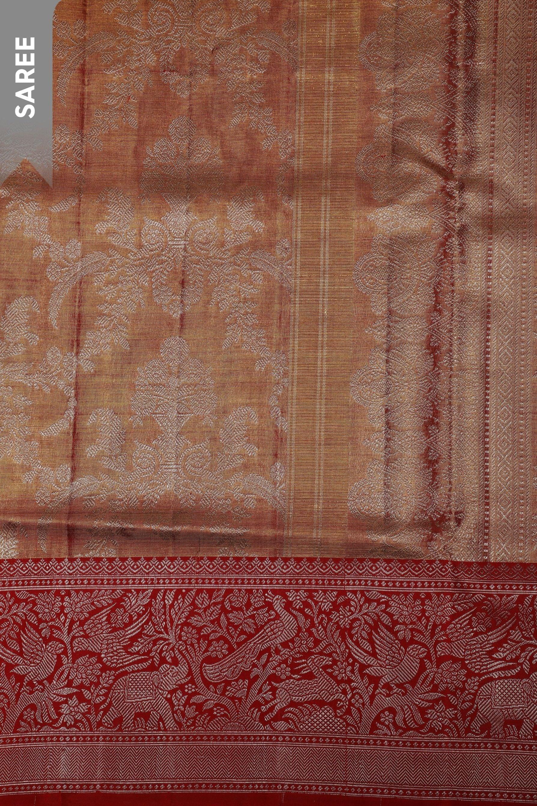 Burnt Gold Tissue Silk Saree with Zari Jaal and Red Korvai Border - Mokshaa