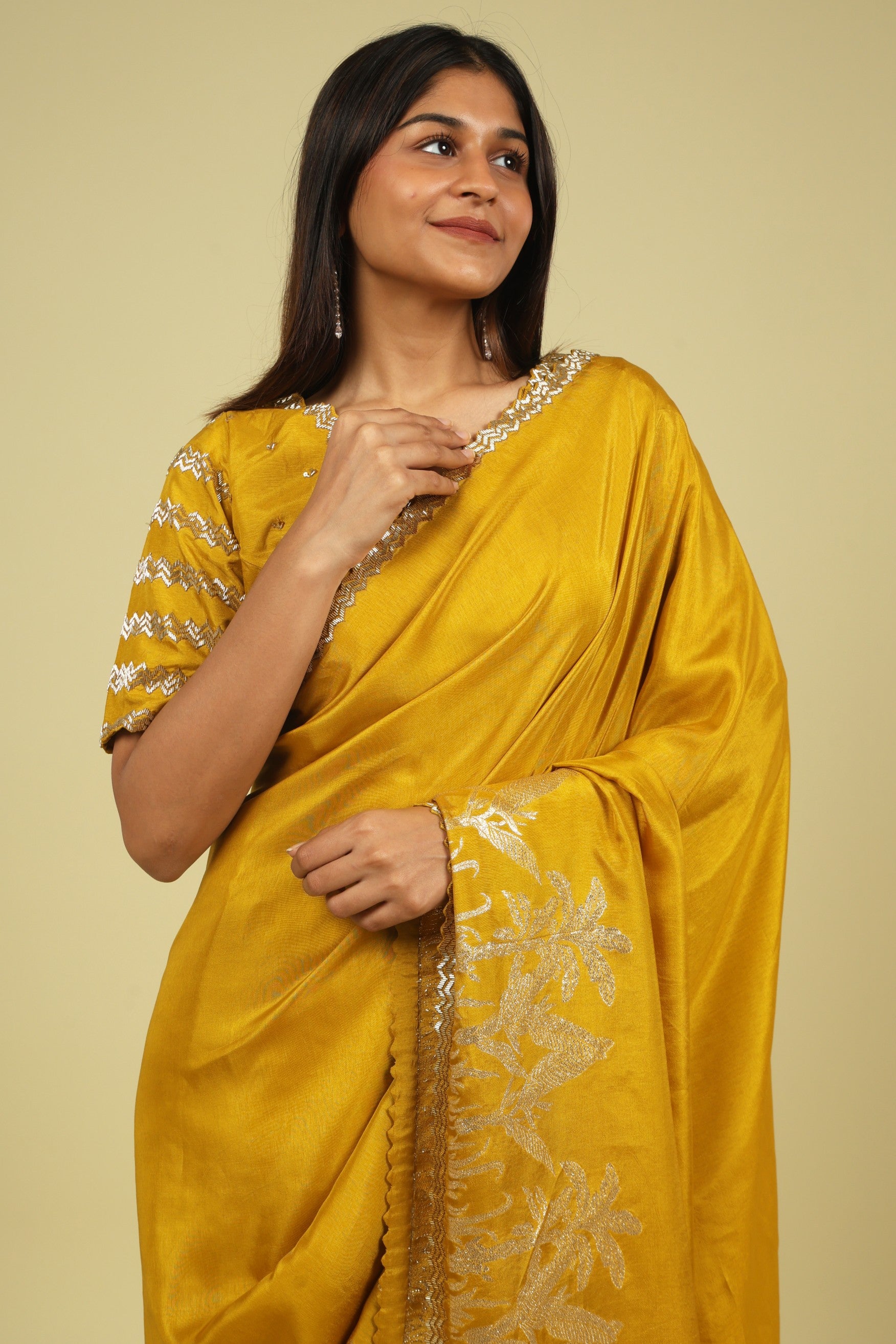 Mustard Tussar Georgette Saree - Mokshaa