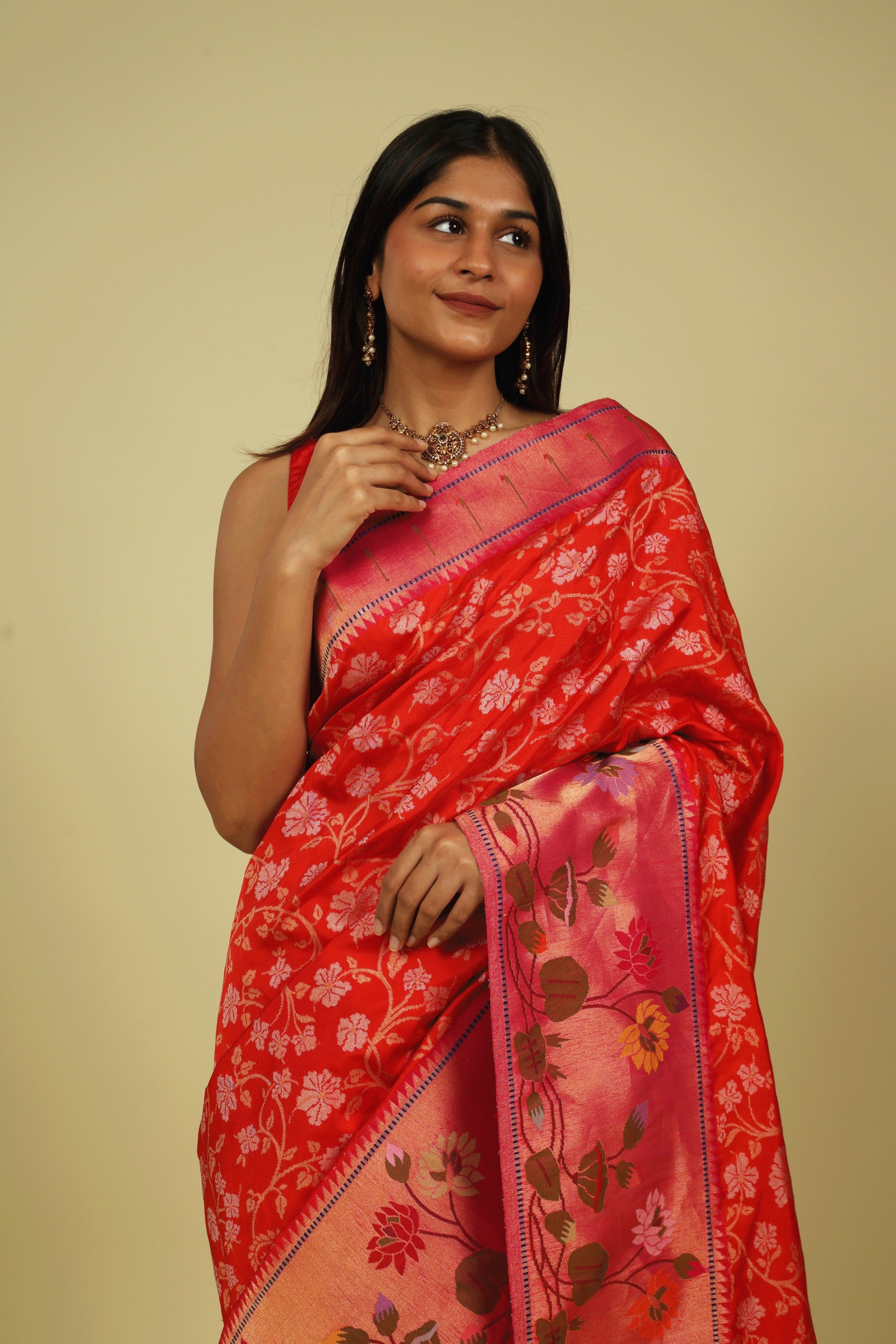 Orange Banarasi Silk Saree with Gold & Silver Zari Jaal and Jamdani Border - Mokshaa