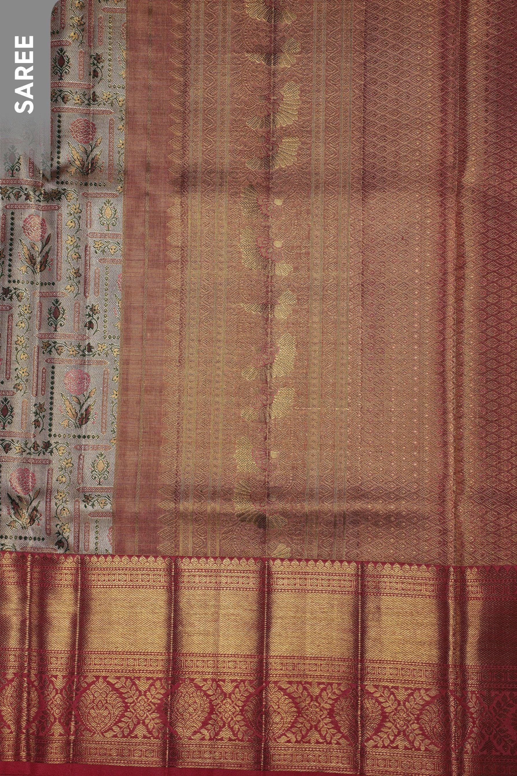 Antique Rose Gold Tissue Silk Saree with Floral Jaal and Peach Border - Mokshaa