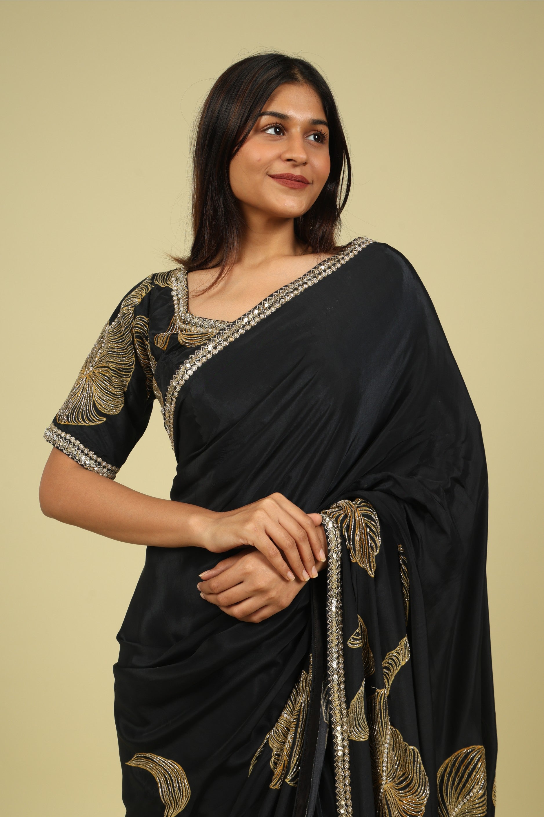 Black Satin Saree with Kardana & Sequin Fancy Work - Mokshaa