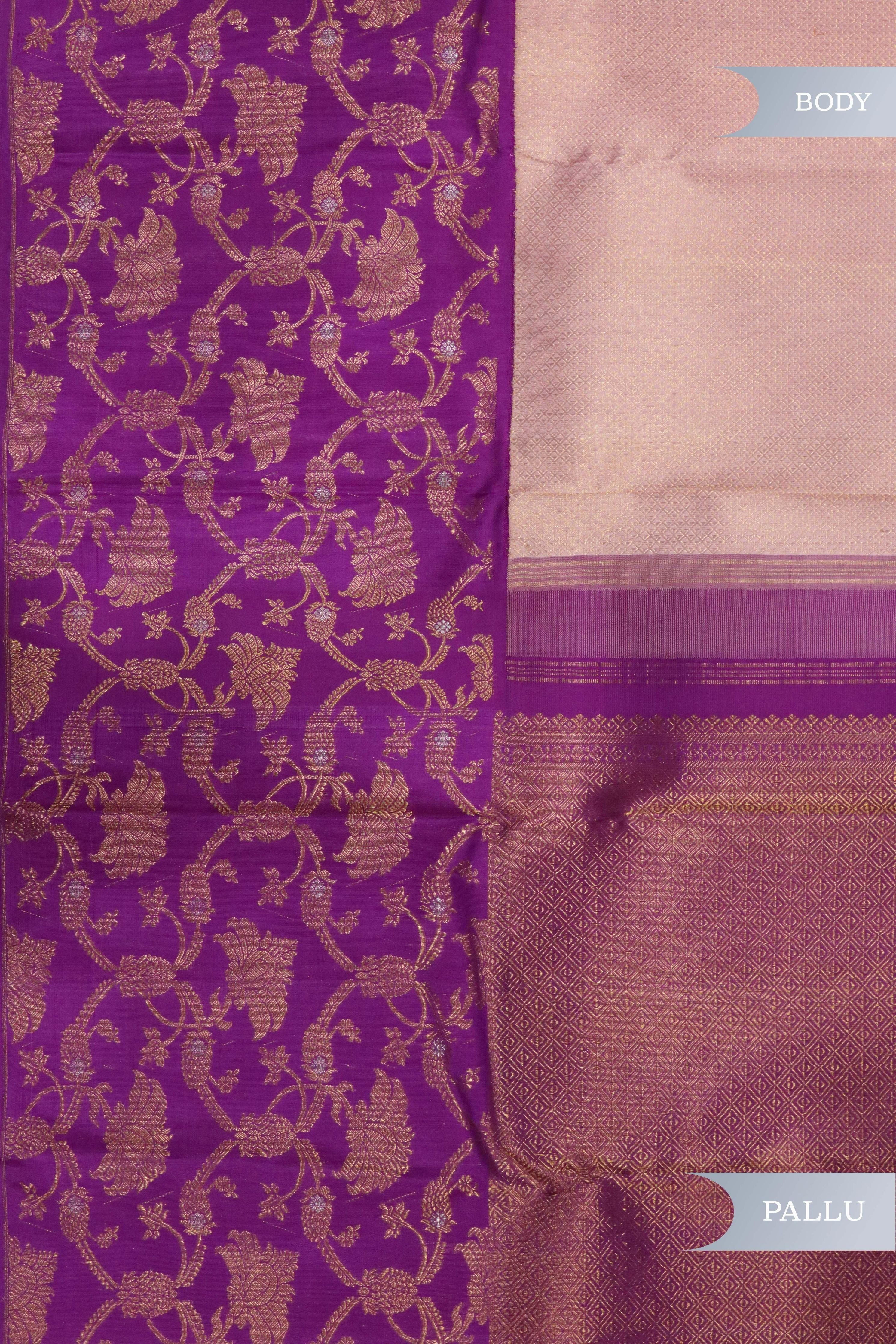 Onion Pink Kanchipuram Silk Saree with Self Zari Weaving and Contrast Zari Jaal Border - Mokshaa