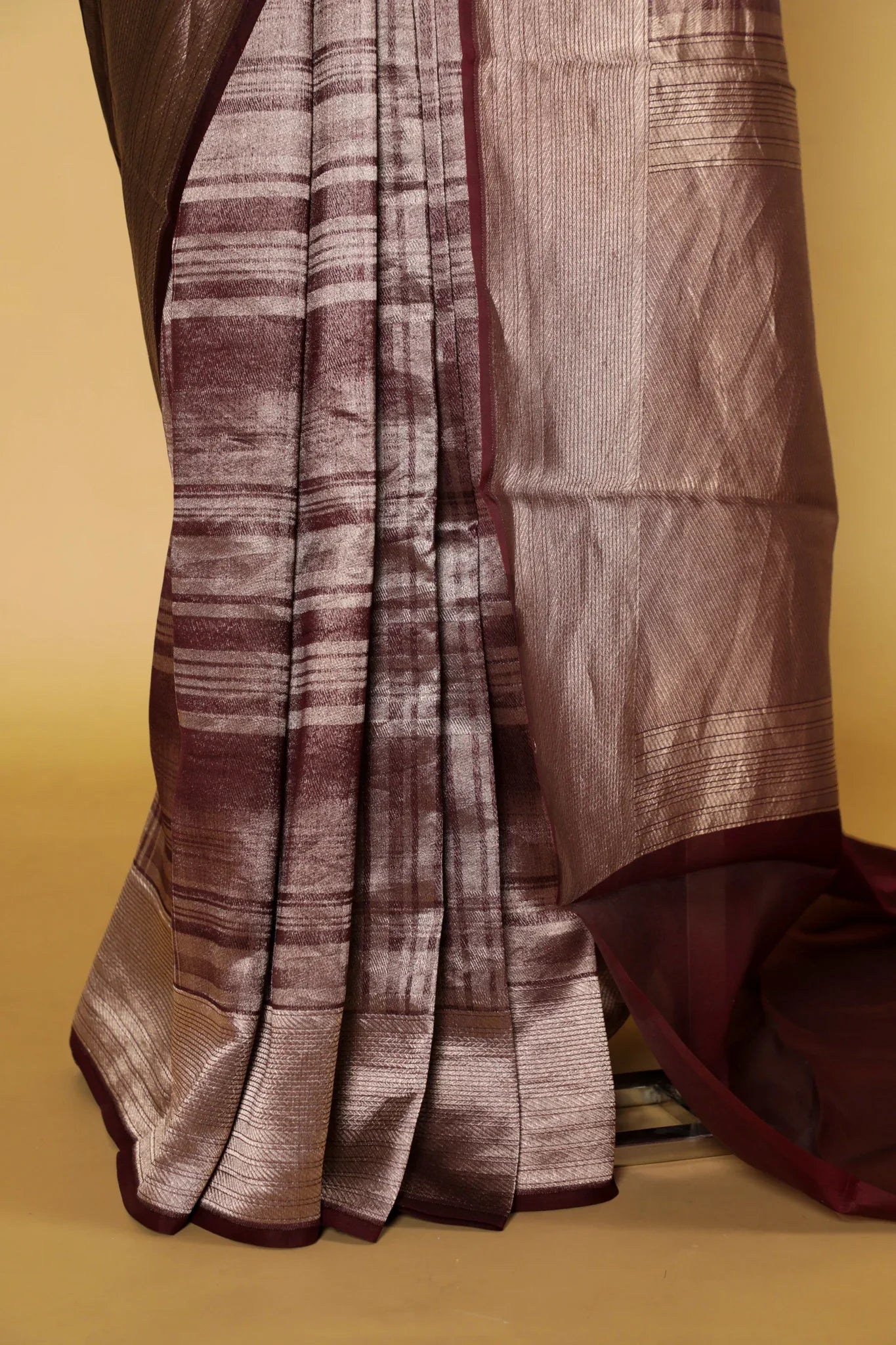 Wine Banarasi Kora Silk Saree with Self Zari Checks & Zari Border - Mokshaa