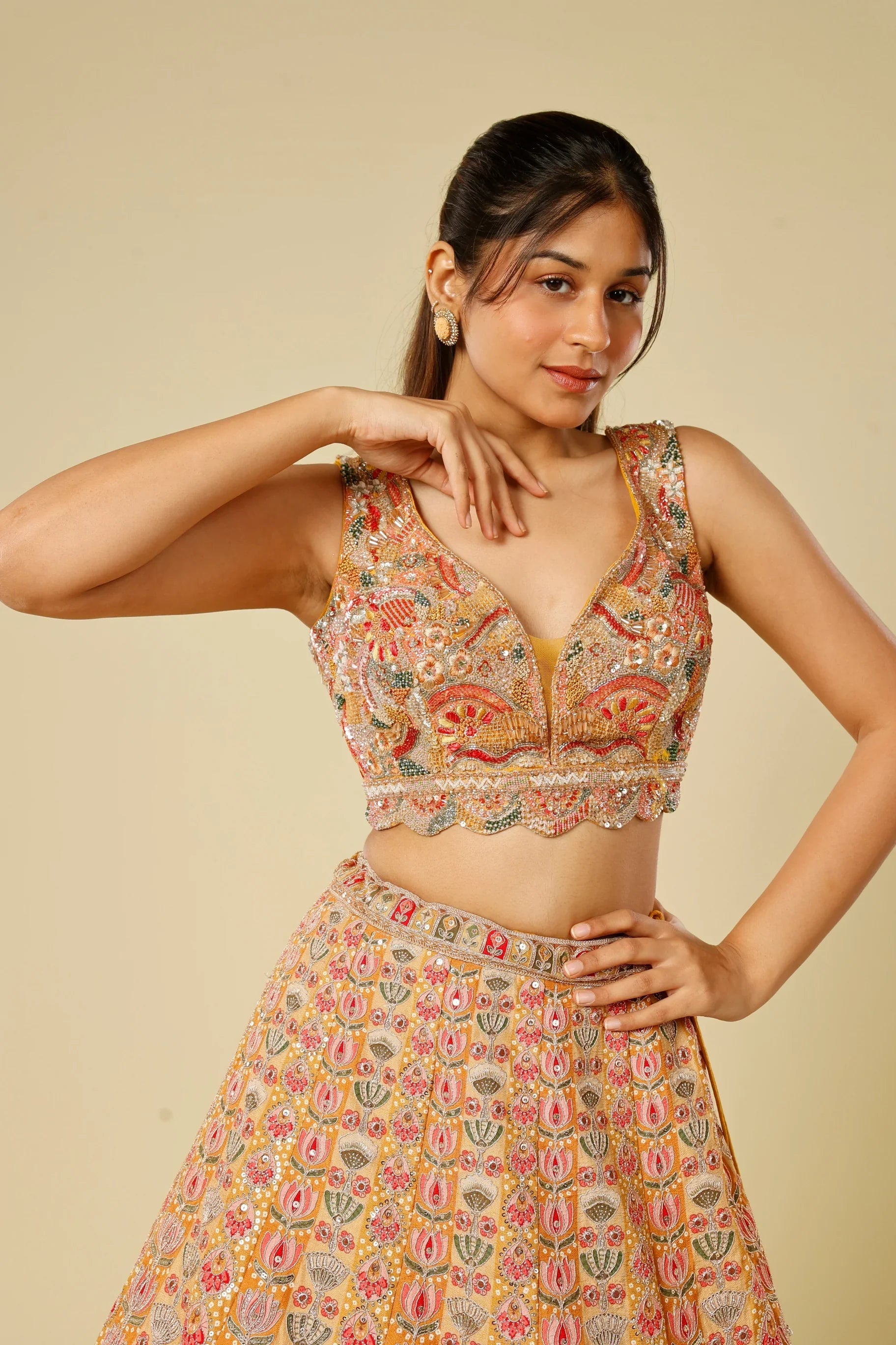 Yellow Printed Silk Lehenga Set with Zari & Sequin Embroidery - Mokshaa