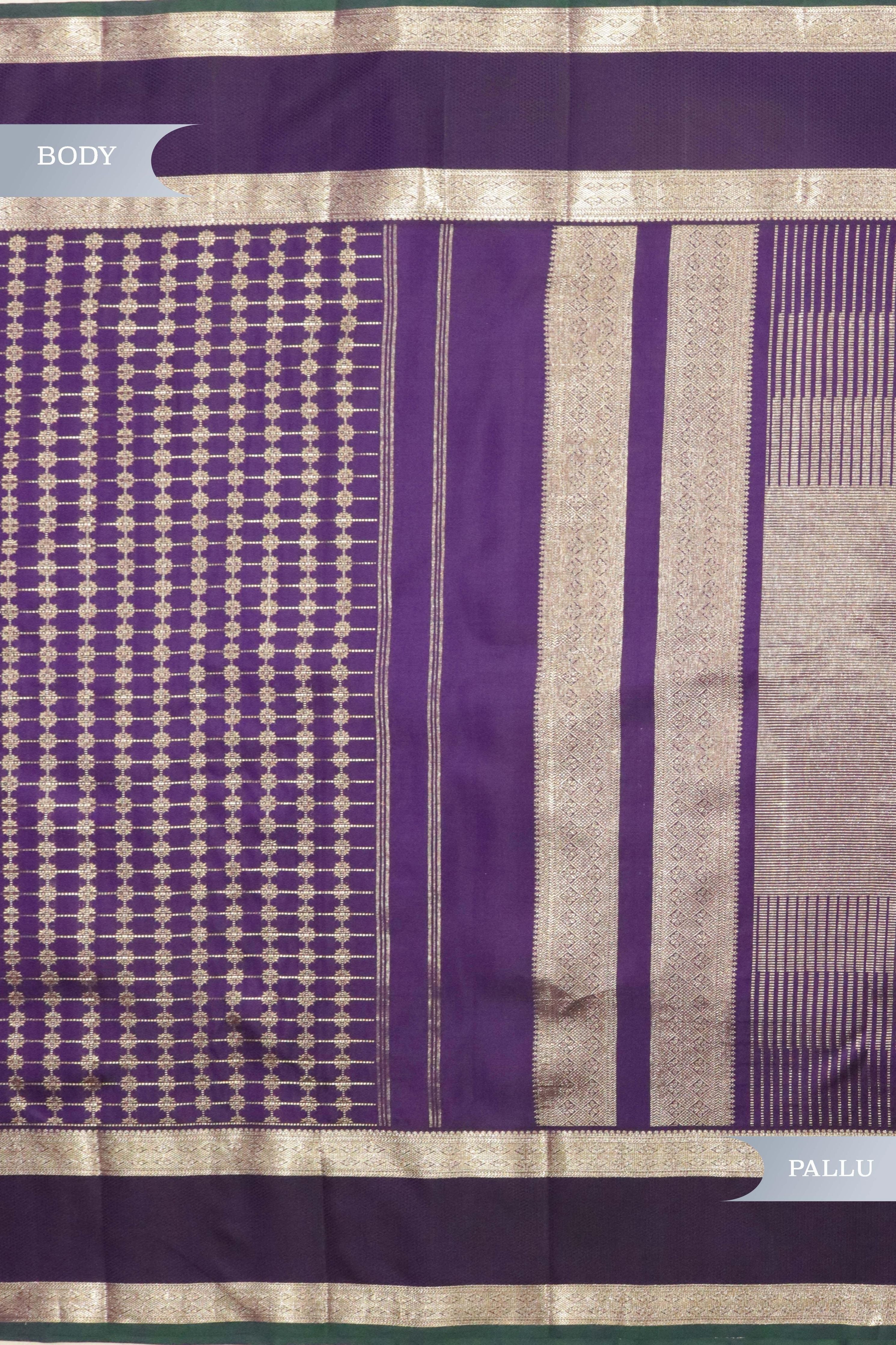 Purple Kanchipuram Silk Saree with Fancy Zari Checks and Zari Border - Mokshaa