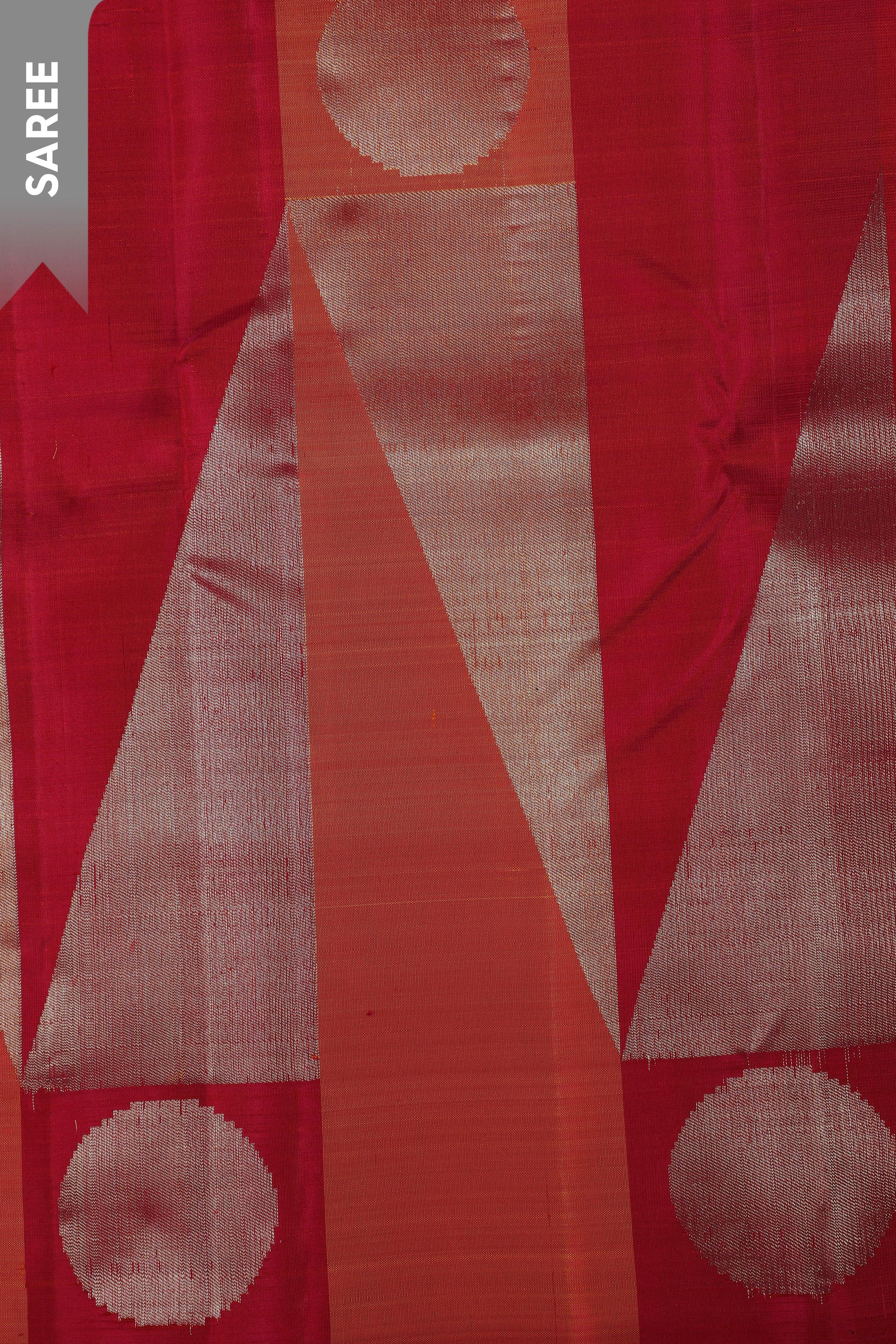 Black Kanchipuram Silk Saree with Coral-Orange Geometric Long Border - Mokshaa