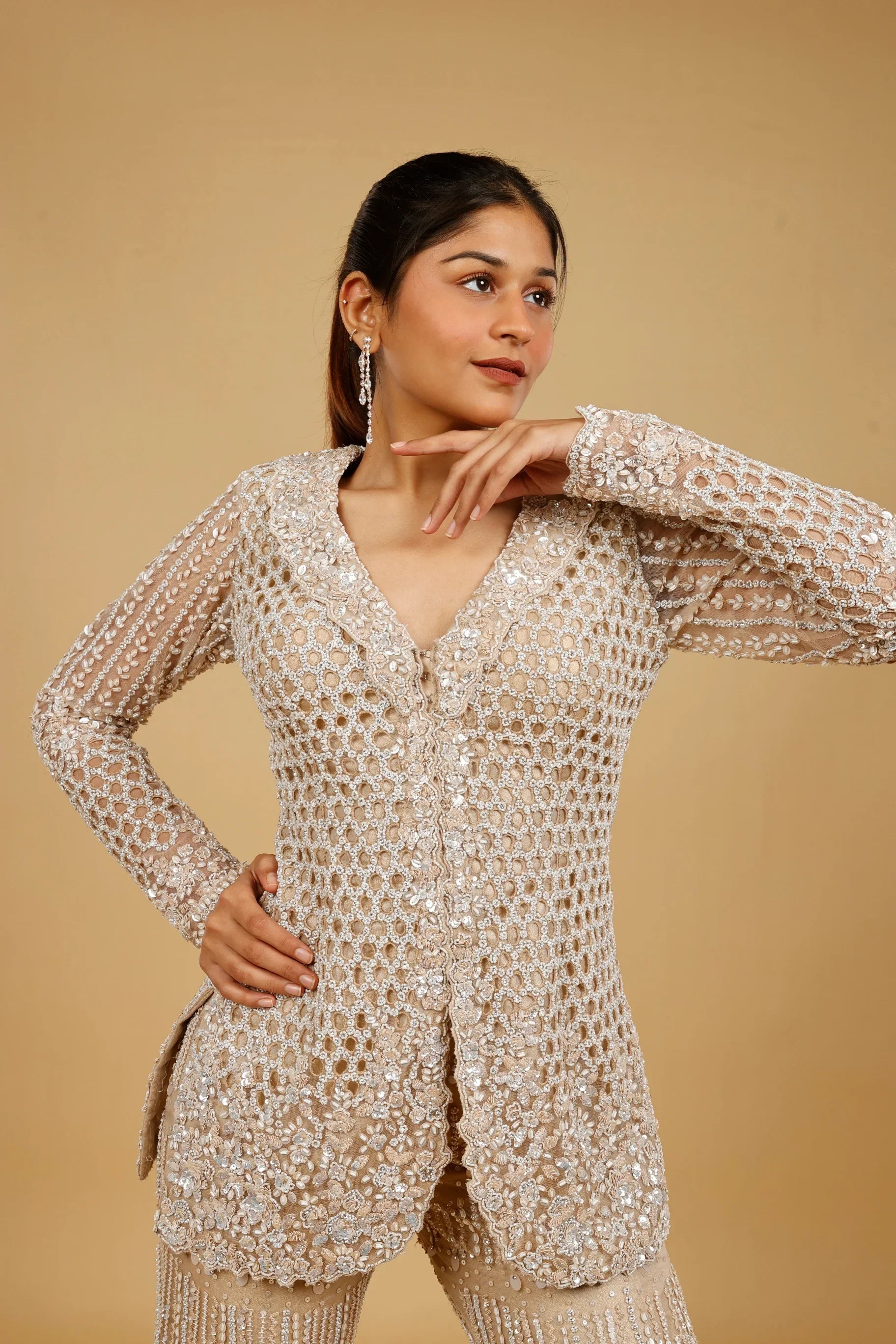 Champagne Net Blazer-Style Embroidered Trouser Set - Mokshaa