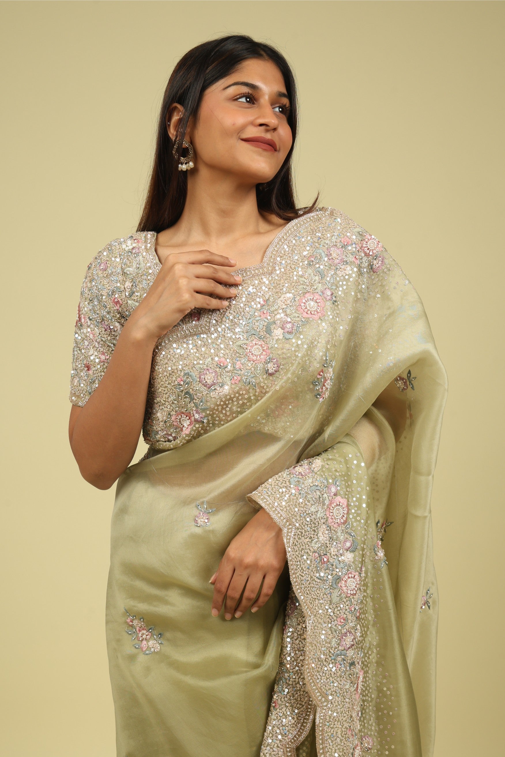 Light Green Organza Saree with Sequin & Thread Embroidery Motifs - Mokshaa
