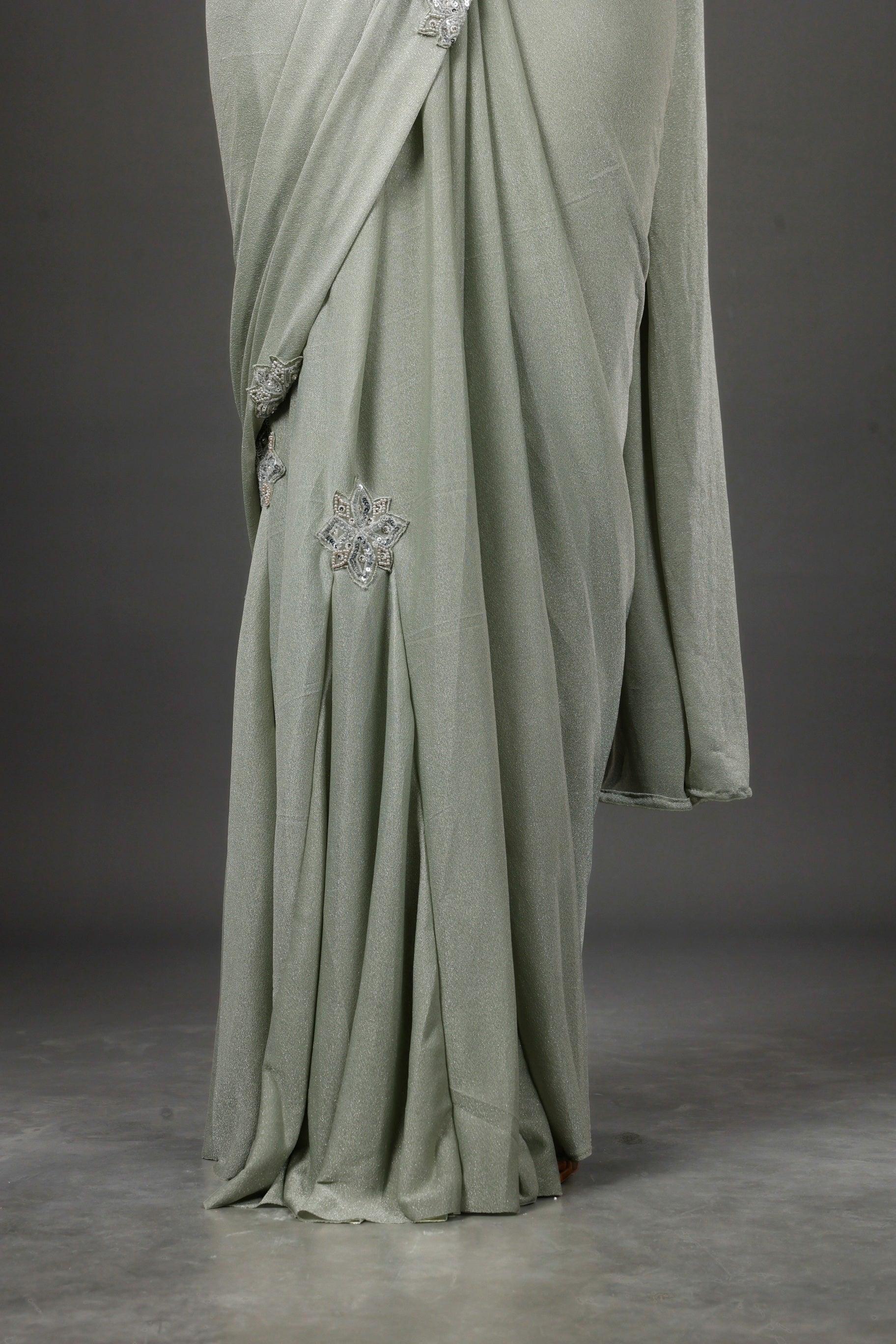 Sage Green Shimmer Drape Saree with Kutdana & Pearl Embroidery - Mokshaa