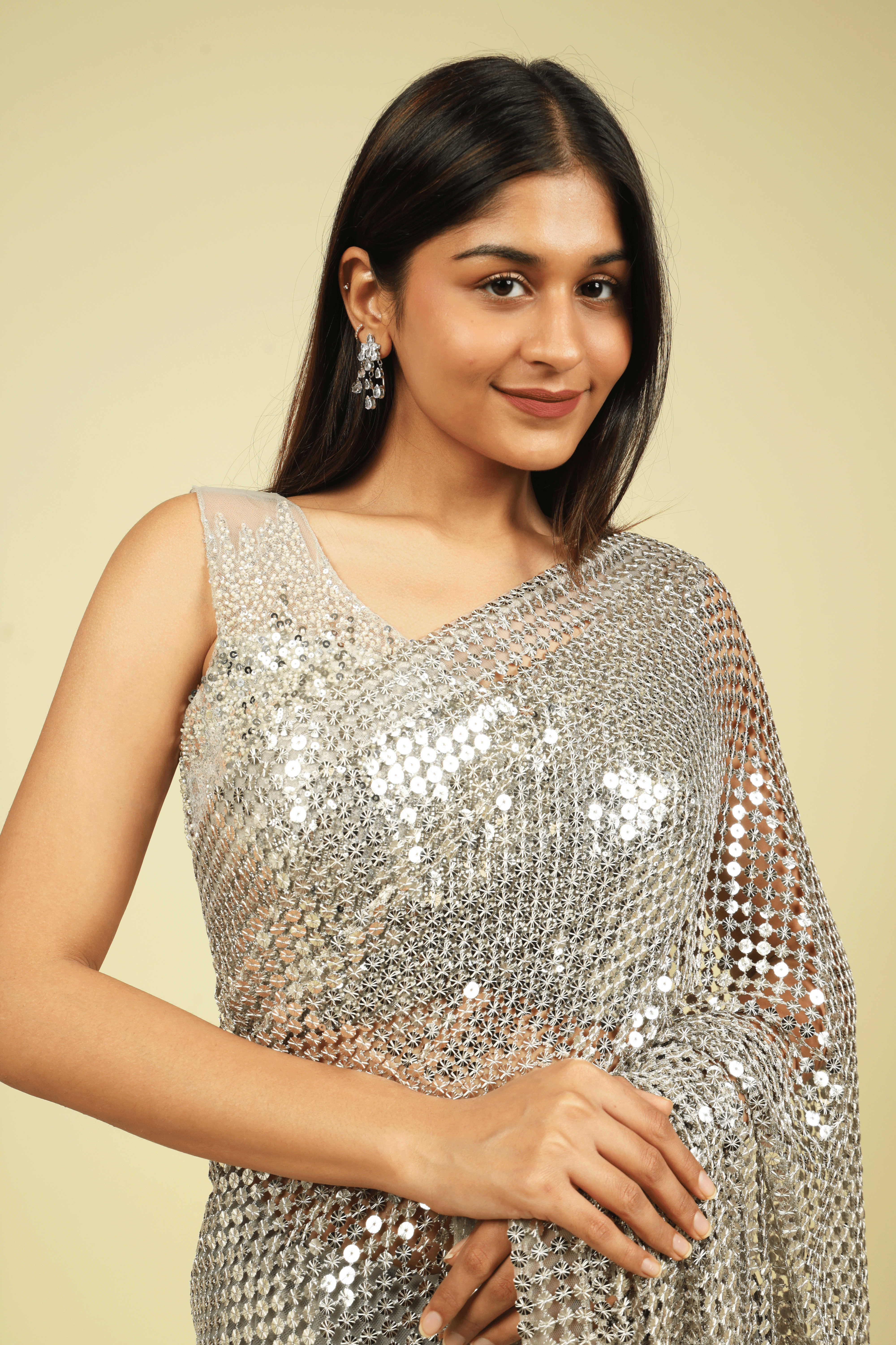 Grey Half-and-Half Metallic Mesh & Net Saree with Beads and Sequins - Mokshaa