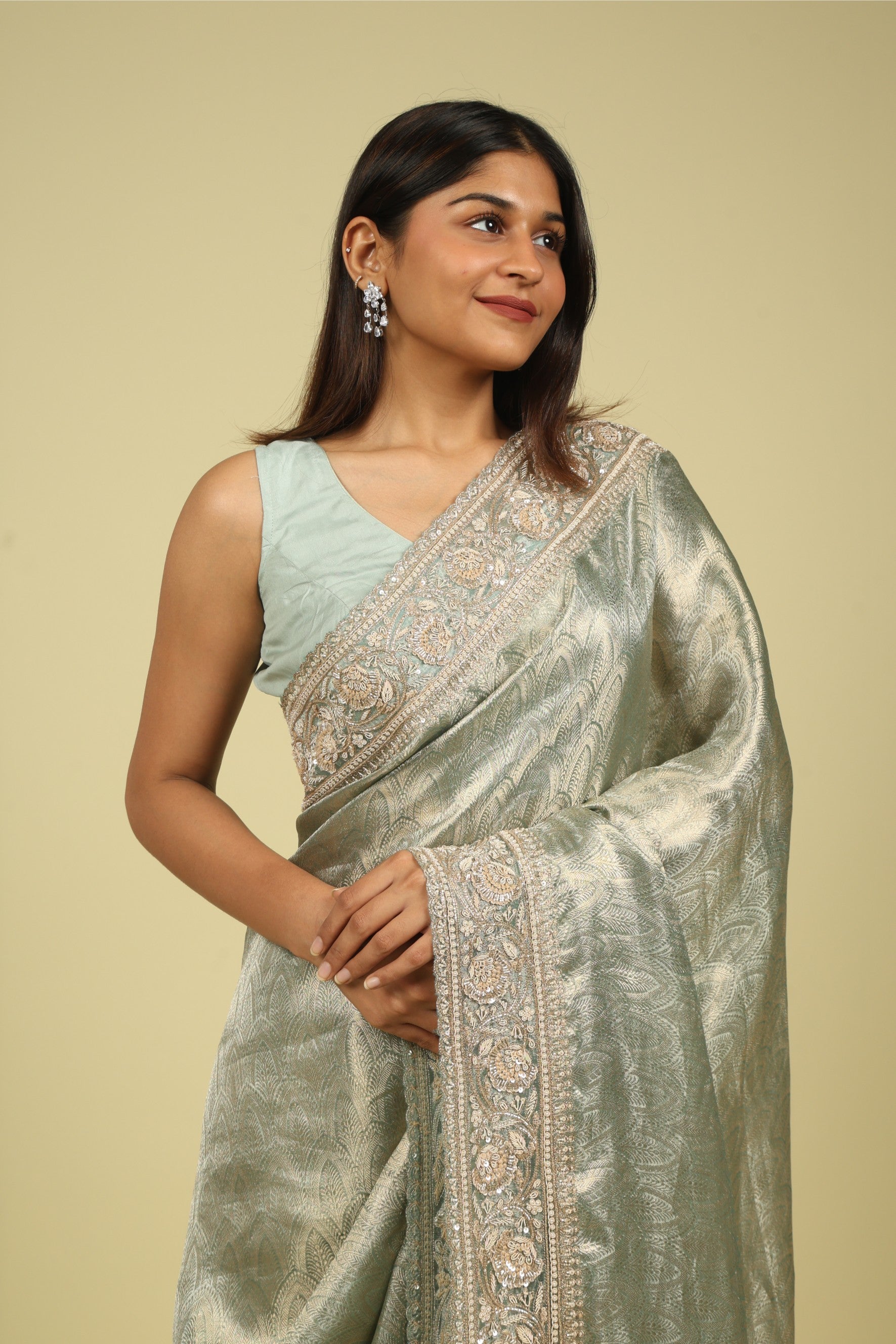 Sea Blue Banaras Tissue Saree with Pearl, Bead & Sequin Embroidered Border - Mokshaa