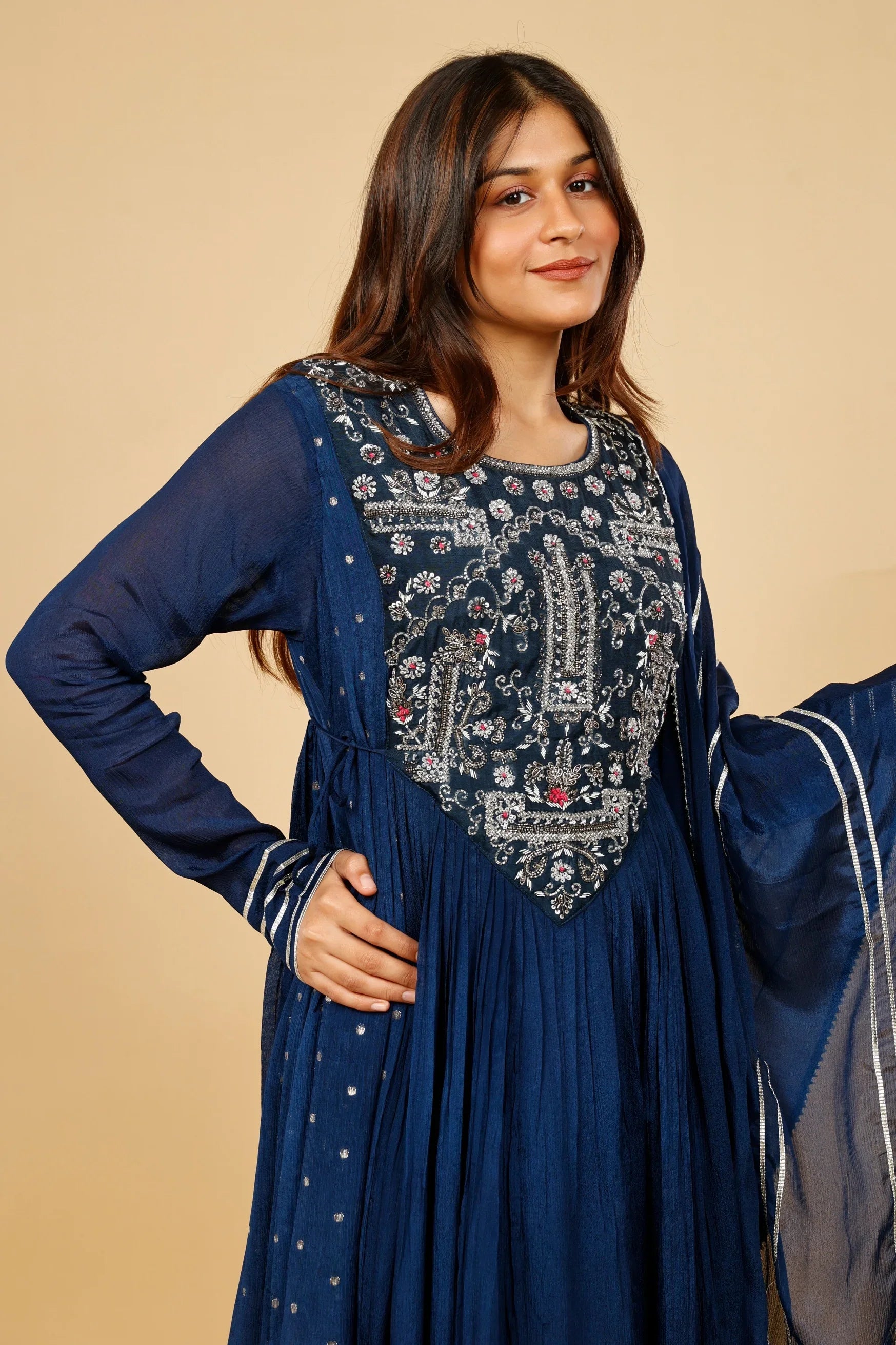 Midnight Blue Silk Anarkali Set with Gota & Kutdana Embroidery - Mokshaa