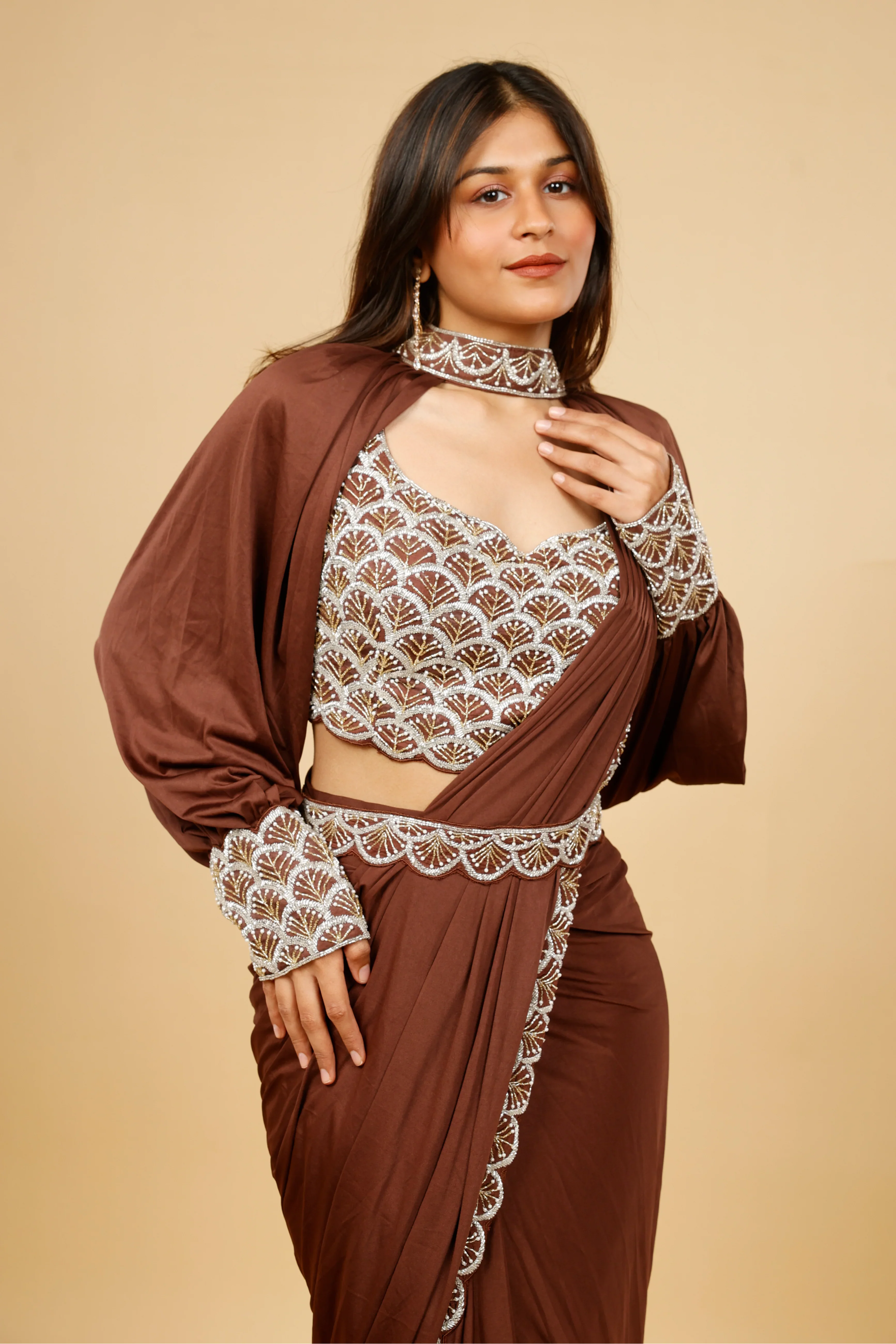 Brown Satin Lycra Drape Saree with Pearl & Cutdana Embroidery - Mokshaa