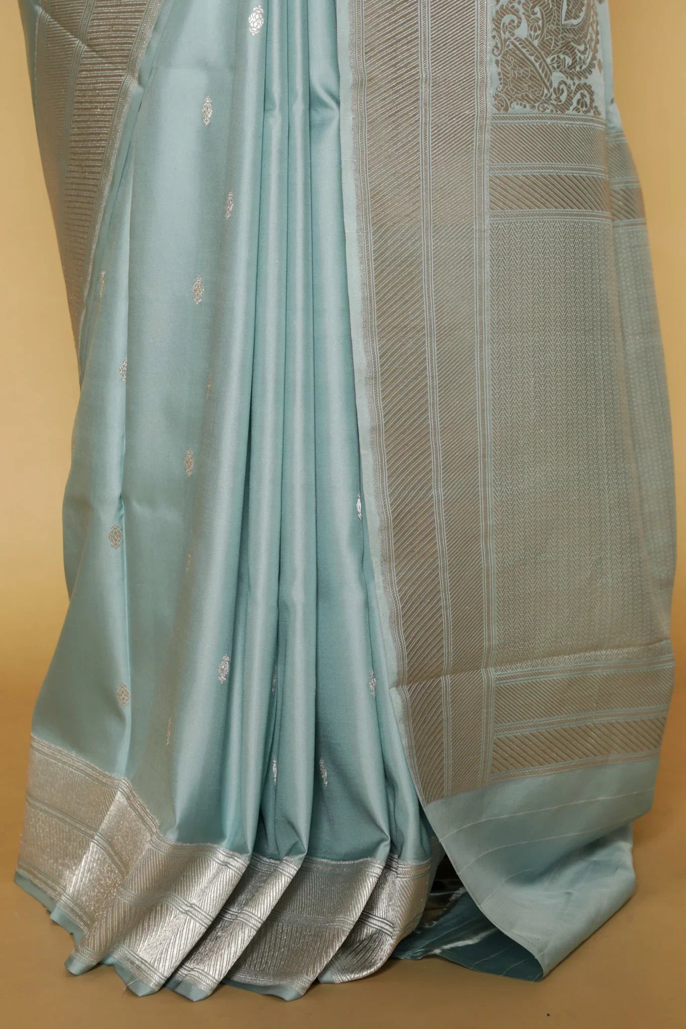 Light Blue Banarasi Mushroom Silk Saree with Silver Motifs & Silver Zari Border - Mokshaa