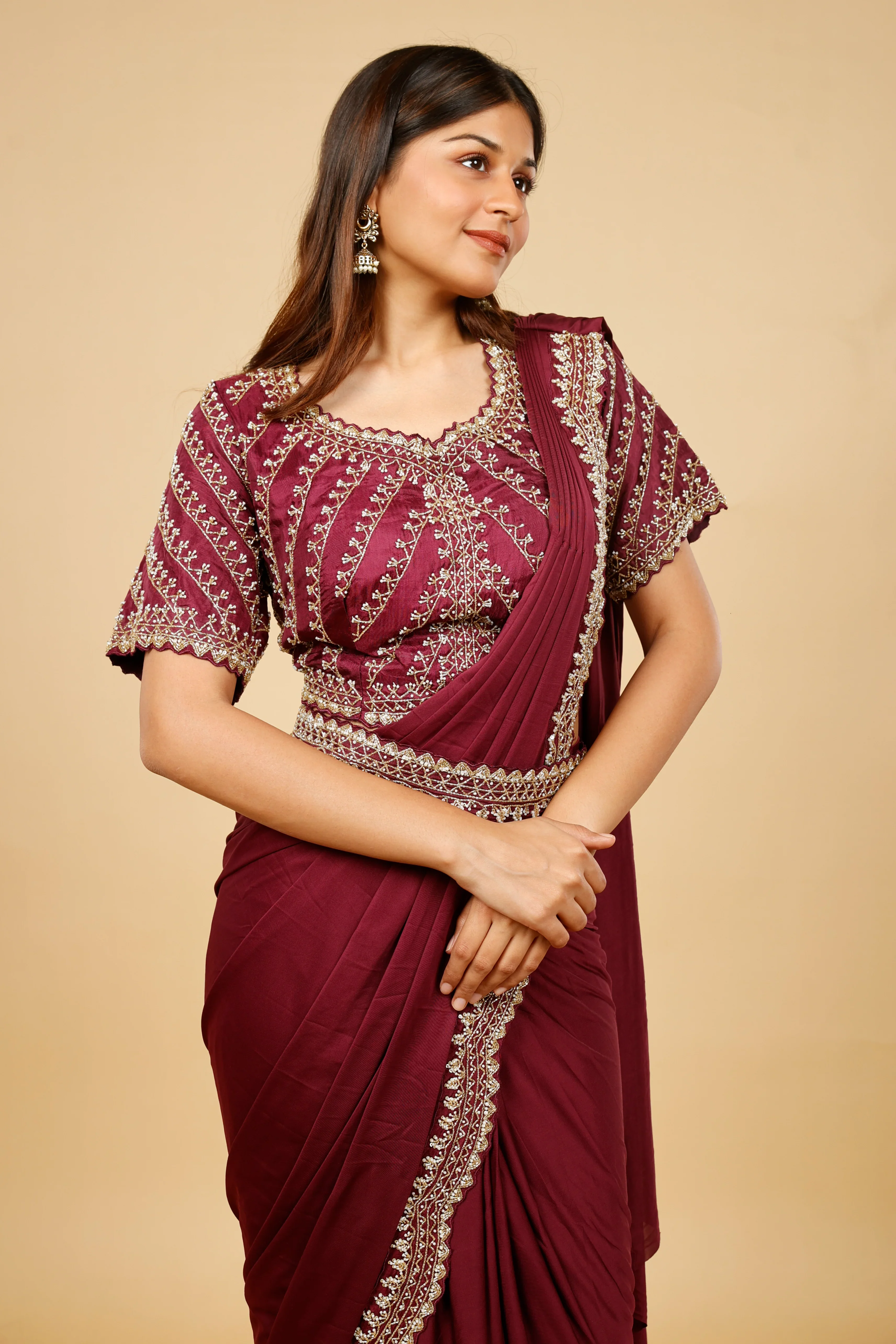 Maroon Satin Lycra Drape Saree with Pearl & Cutdana Embroidery - Mokshaa