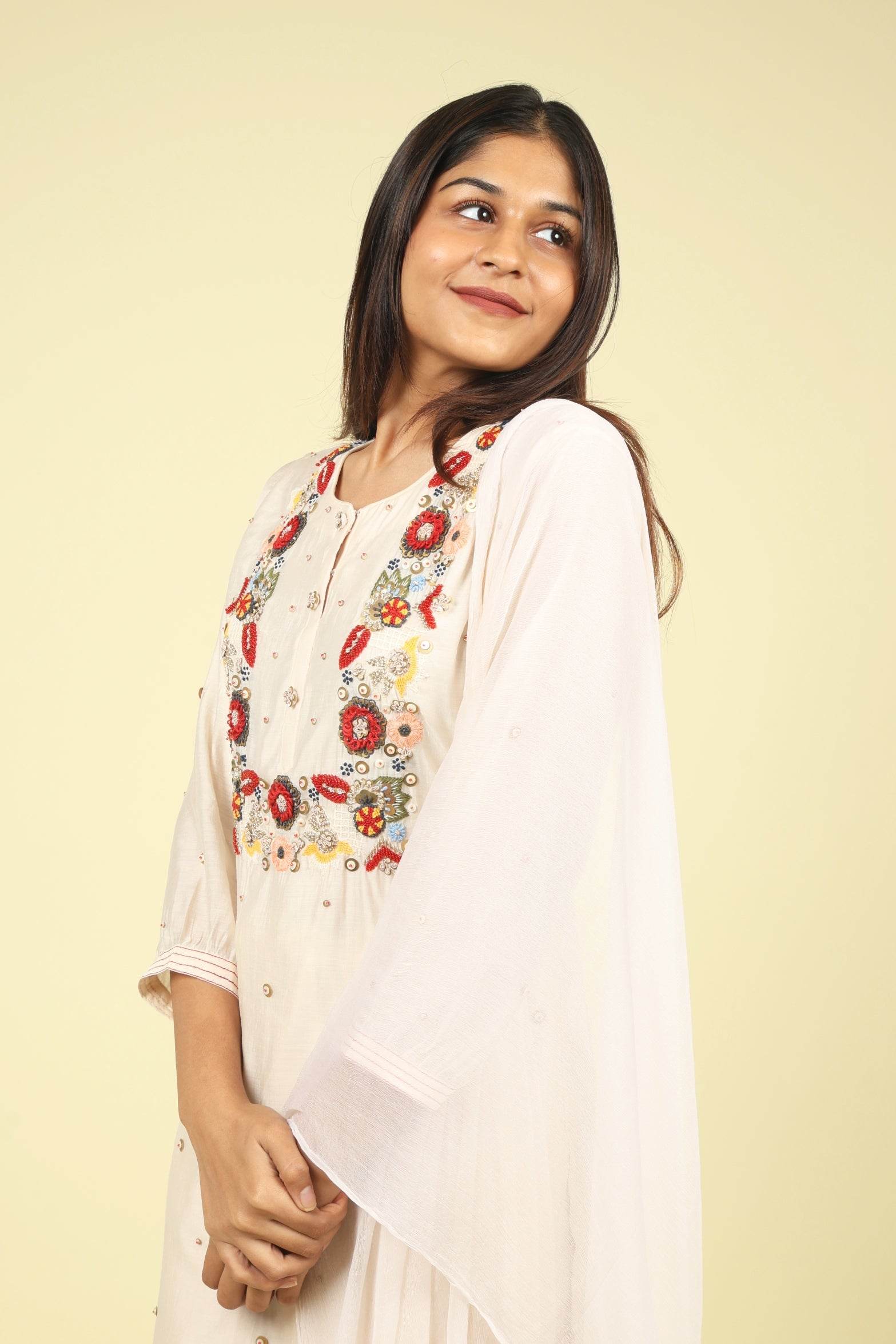 Cream Mul Chanderi Straight Cut Salwar Suit with Chiffon Dupatta - Mokshaa