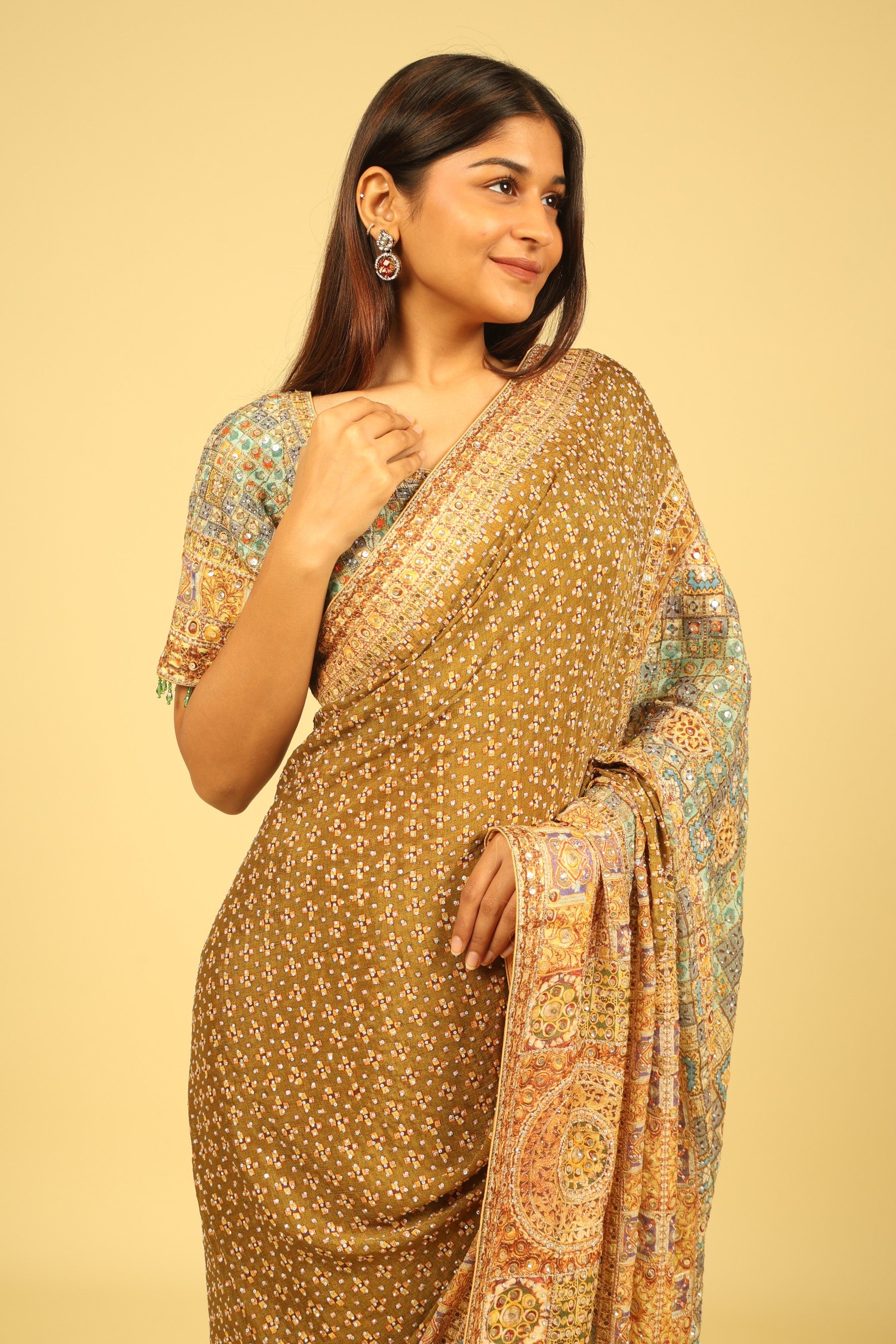 Dusty Green Soft Georgette Saree with Multicolour Digital Print, Sequin & Mirror Highlights - Mokshaa