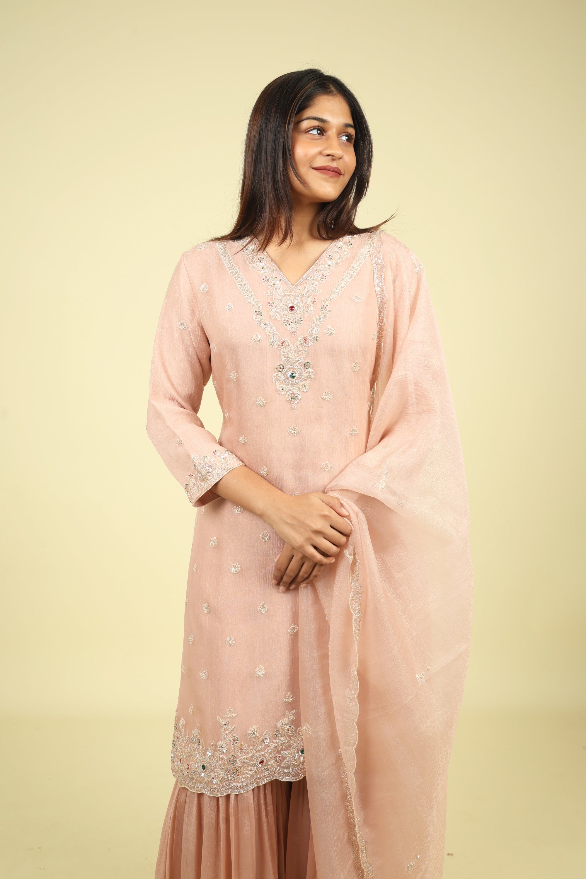 Blush Pink Crush Tissue Sharara Set with Pearl & Kutdana Embroidery - Mokshaa