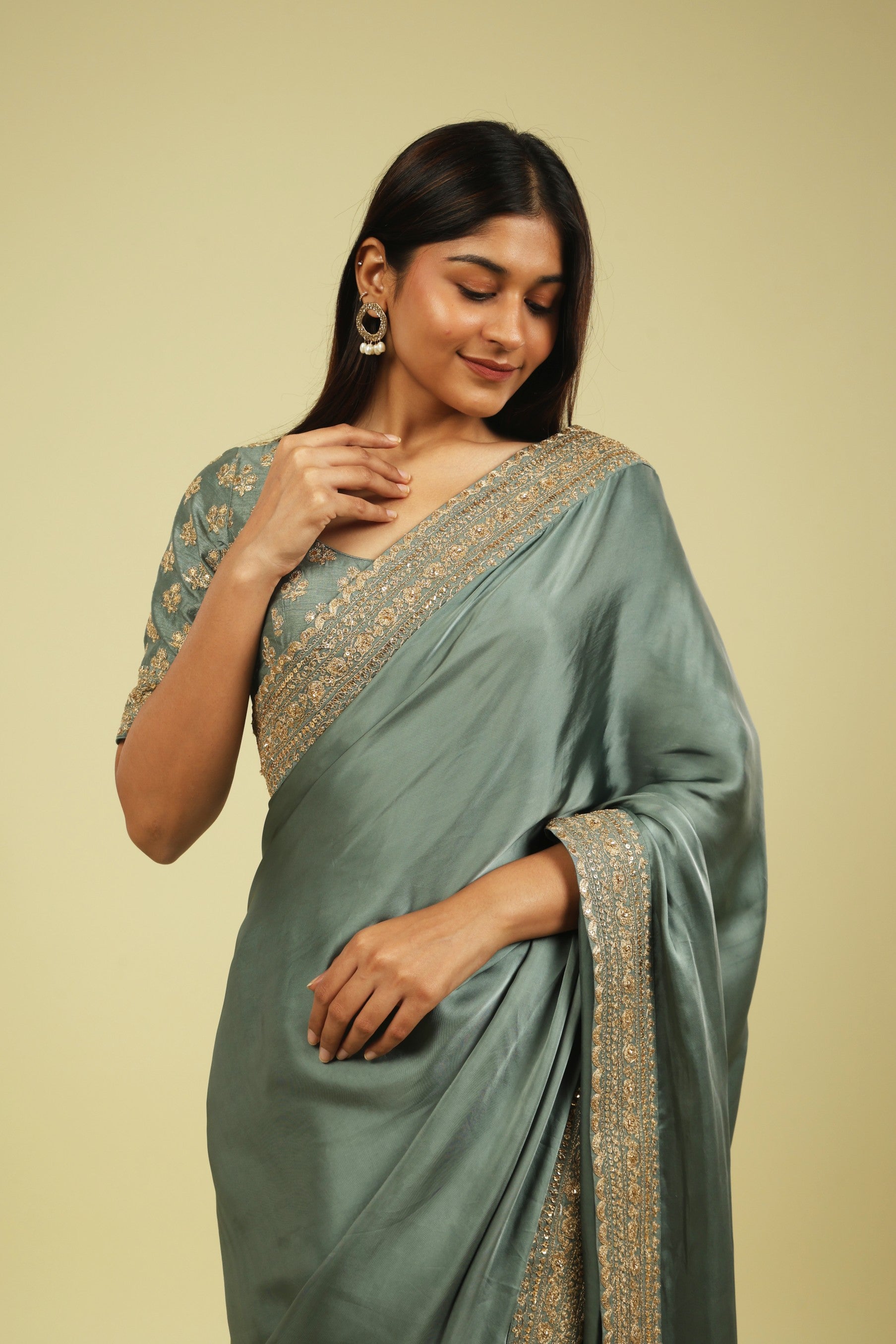 Powder Blue Satin Saree with Zari Thread Border & Zari Motif Blouse - Mokshaa