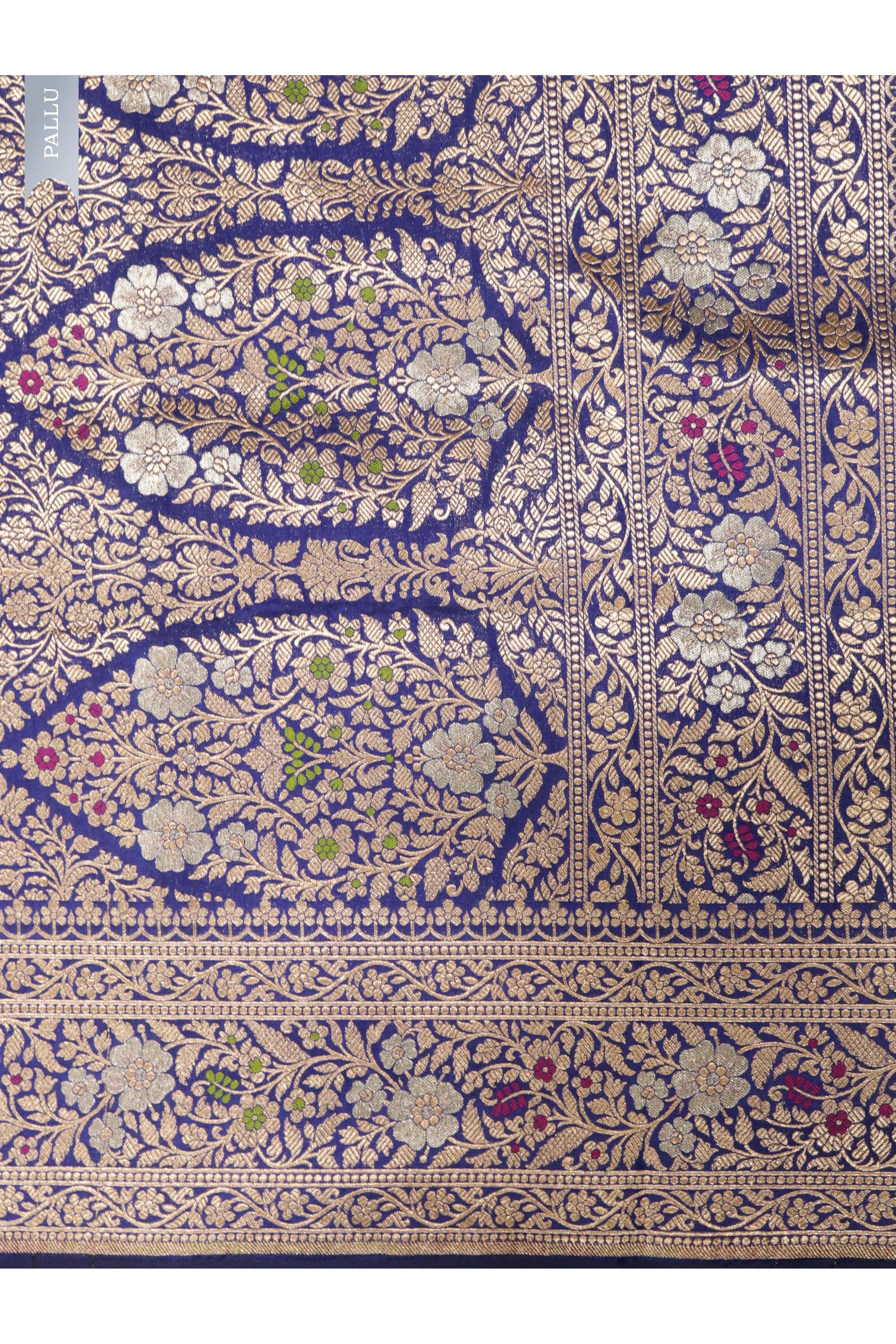 Ink Blue Banarasi Silk Saree with Zari Weaving & Meenakari Thread Work - Mokshaa