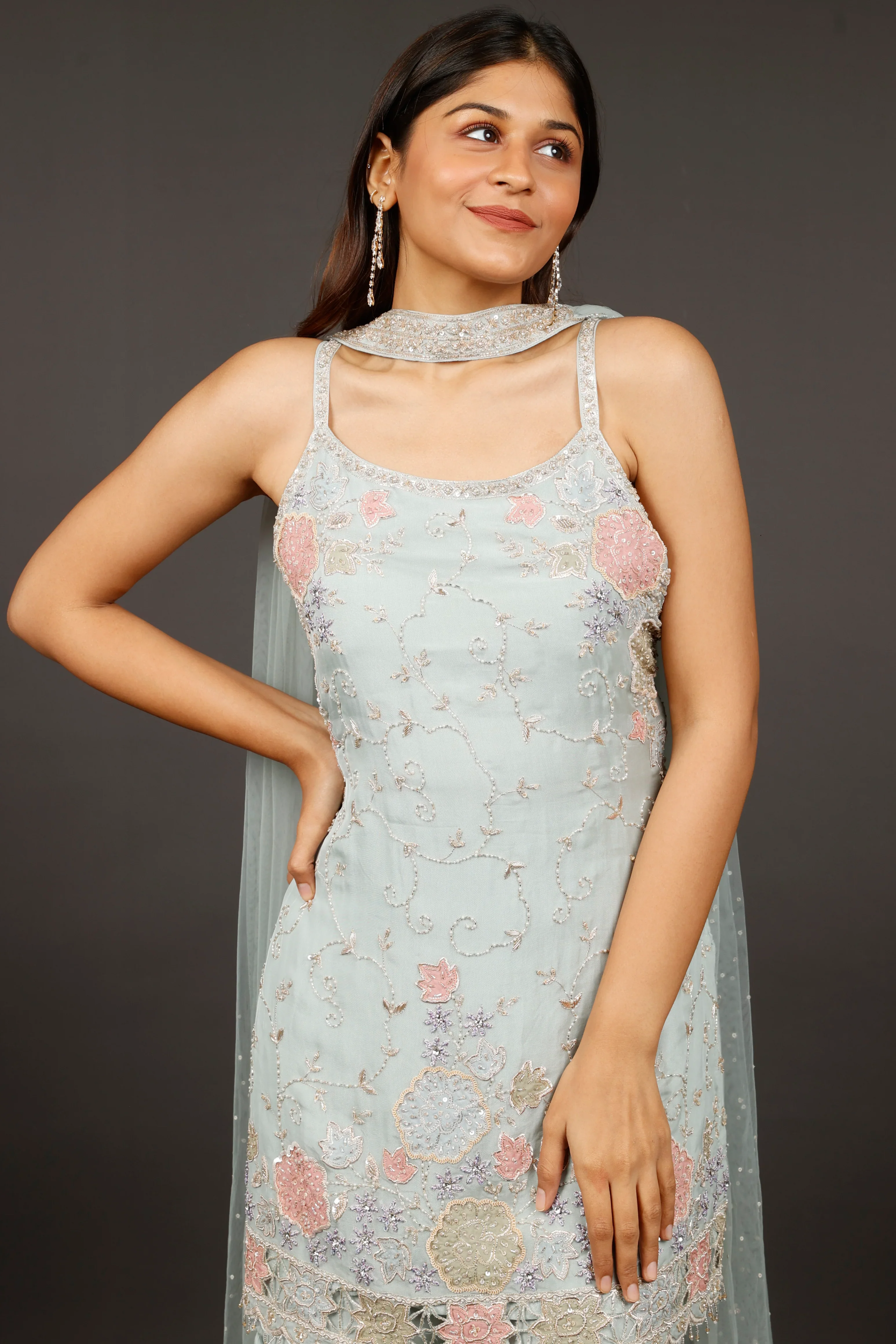 Light Blue Georgette Sharara Set with Shadow, Zari, Pearl, Cutdana & Sequin Embroidery - Mokshaa