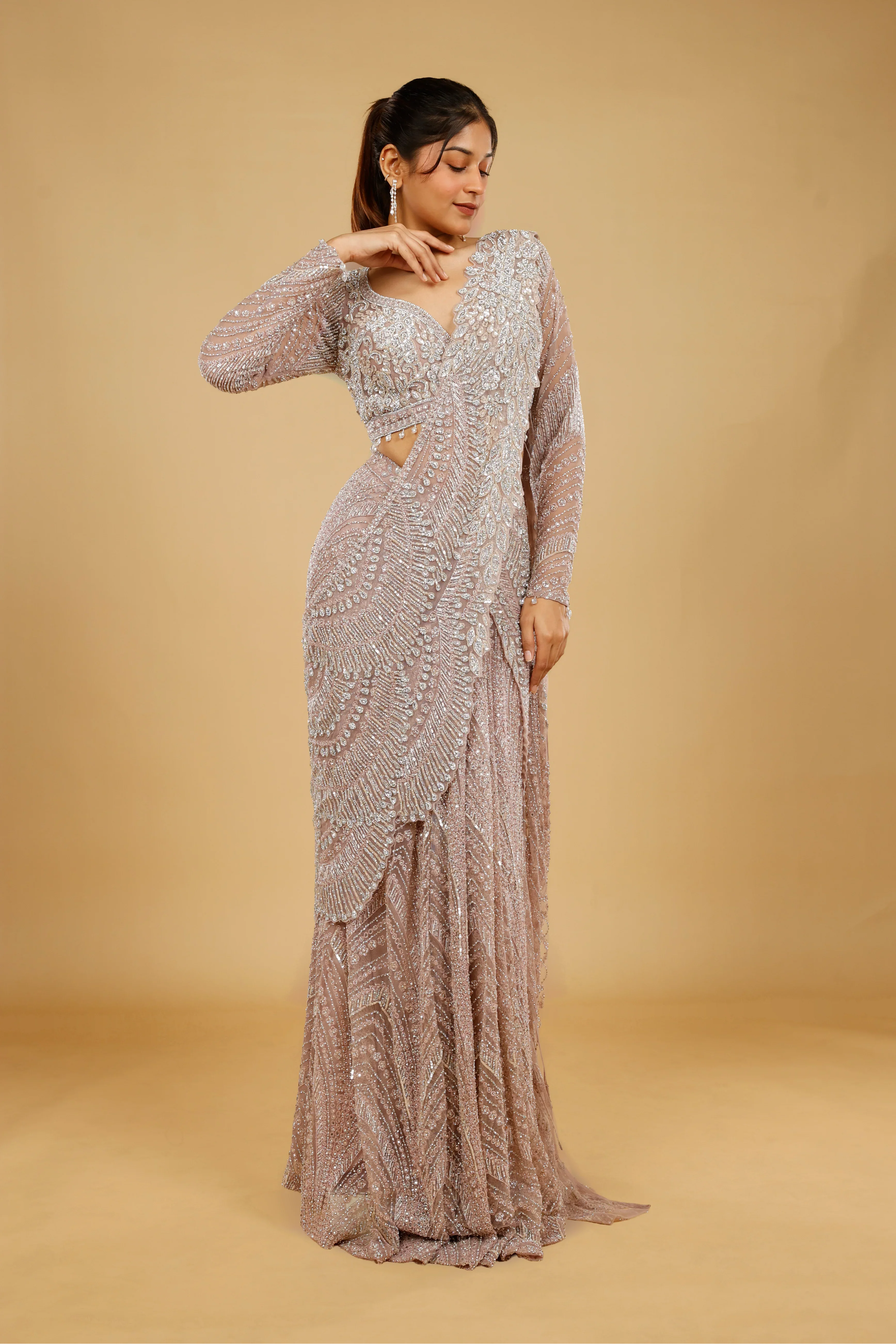 Champagne Net Drape Saree with Heavy Sequin & Cutdana Work - Mokshaa